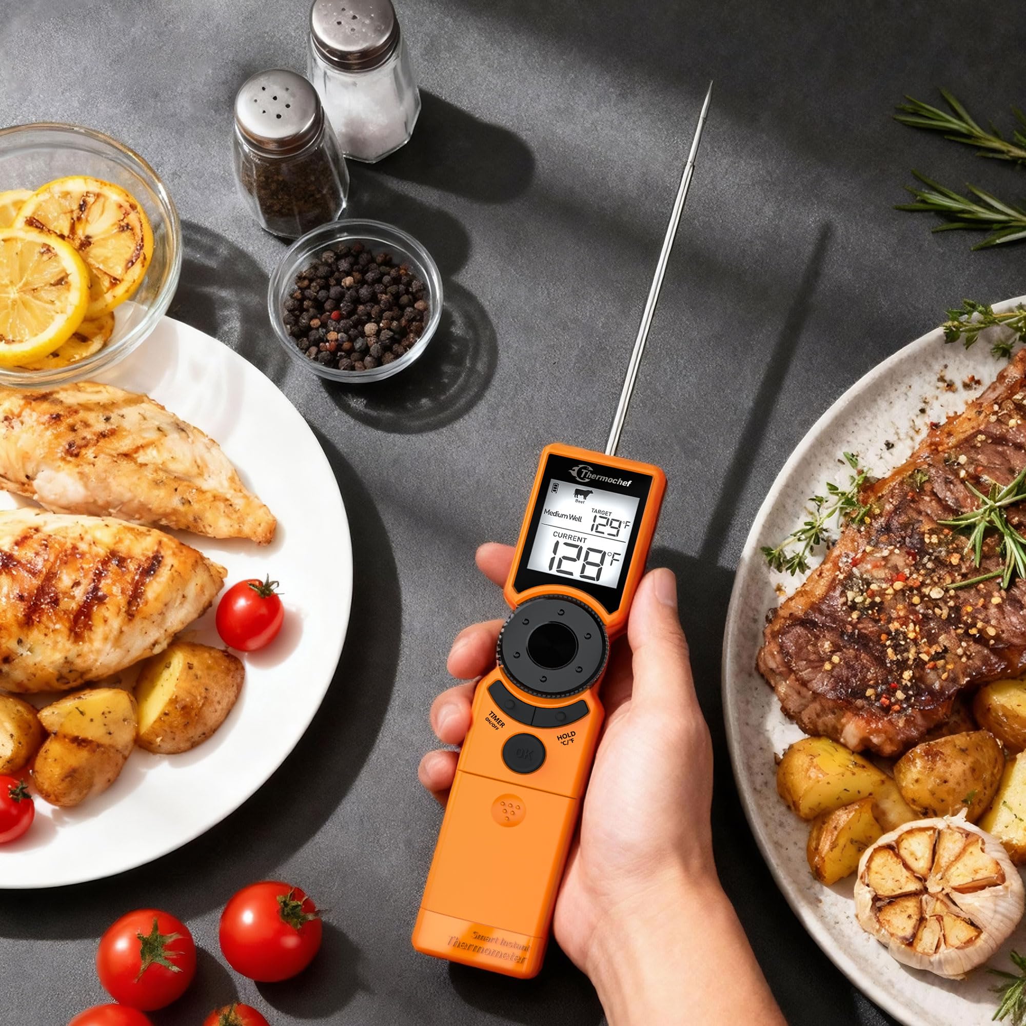 Termómetro digital de carne para parrilla, termómetros de alimentos de lectura instantánea para cocinar con guía de preparación de alimentos, calibración y pantalla LCD retroiluminada, alta