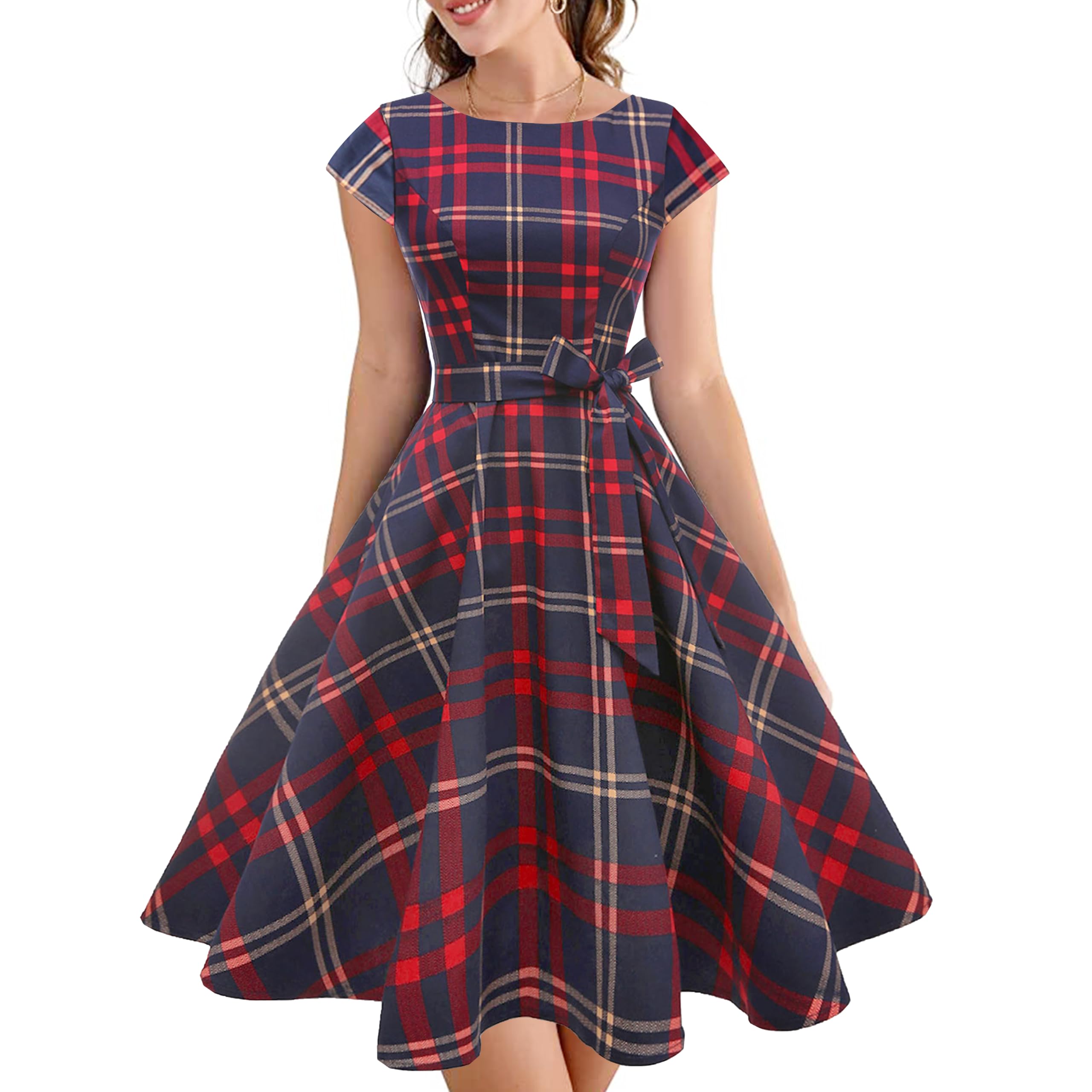 PUKAVT Womens 1950 Boatneck Cap Sleeve Vintage Swing Cocktail Party Dress with Pockets