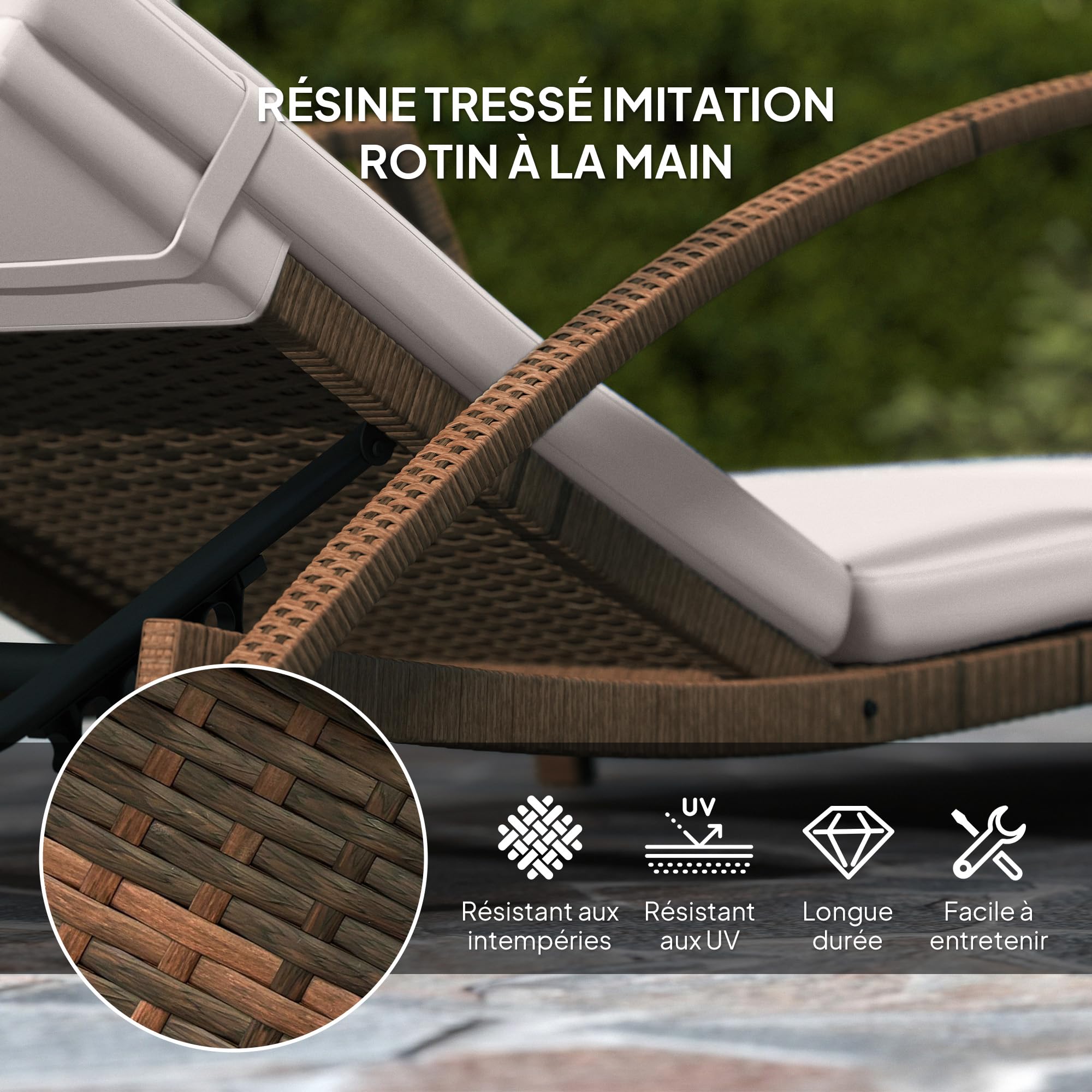 Outsunny Bain de Soleil Dossier Réglable avec roulettes Marron et Beige