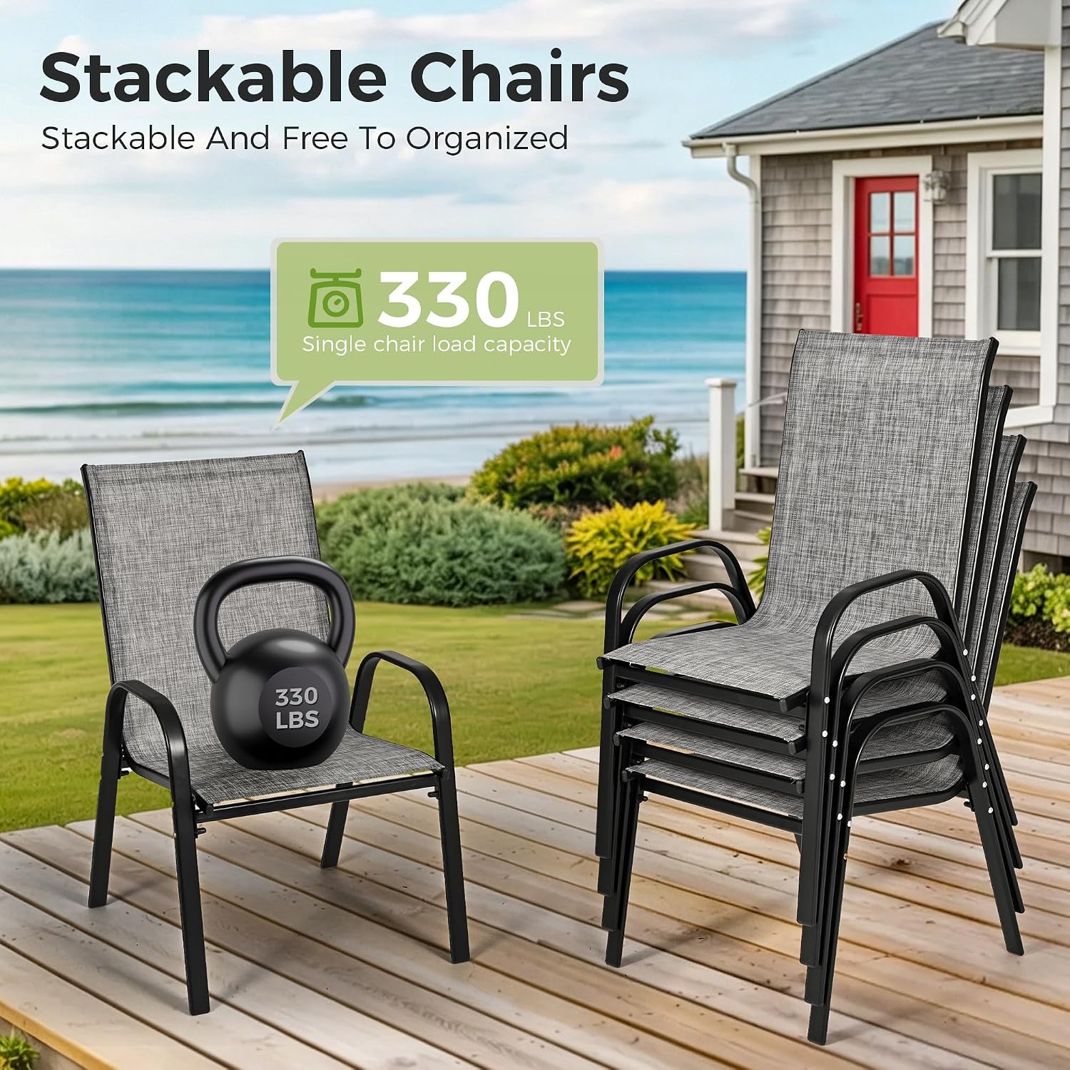 7-Piece Outdoor Dining Set, All Weather Patio Table and Chairs Set with Umbrella Hole for 6, Rectangular Steel Slat Table and 6 Textilene Chairs for Garden, Backyard, Poolside and Deck, Grey