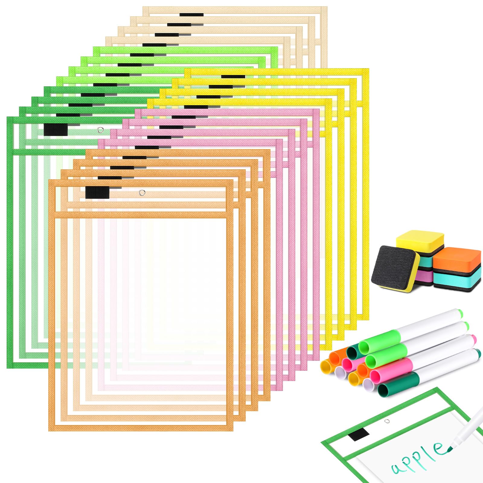 Watersay 42 Pack Reusable Dry Erase Pocket Sleeves with Dry Erase Pen Eraser 6 Assorted Colors 10" x 14" Clear Plastic Sheet Protector for Classroom
