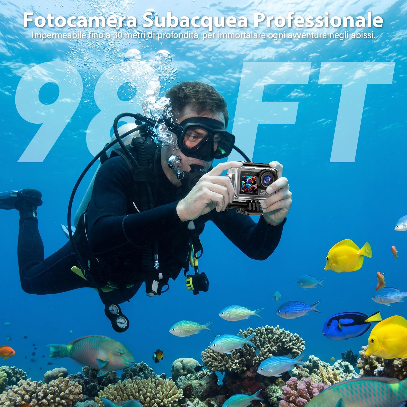 Action Cam 5K/4K 60FPS, 50MP Fotocamera Subacquea Impermeabile 30M, Action Camera con Scheda SD 64GB, EIS, Doppio Schermo, WiFi, Grandangolo 170°, Telecamera per Moto, Bicicletta, Vlog | 5 K 30 FPS / 4 K 60 FPS, foto 50 MP, telecomando incluso