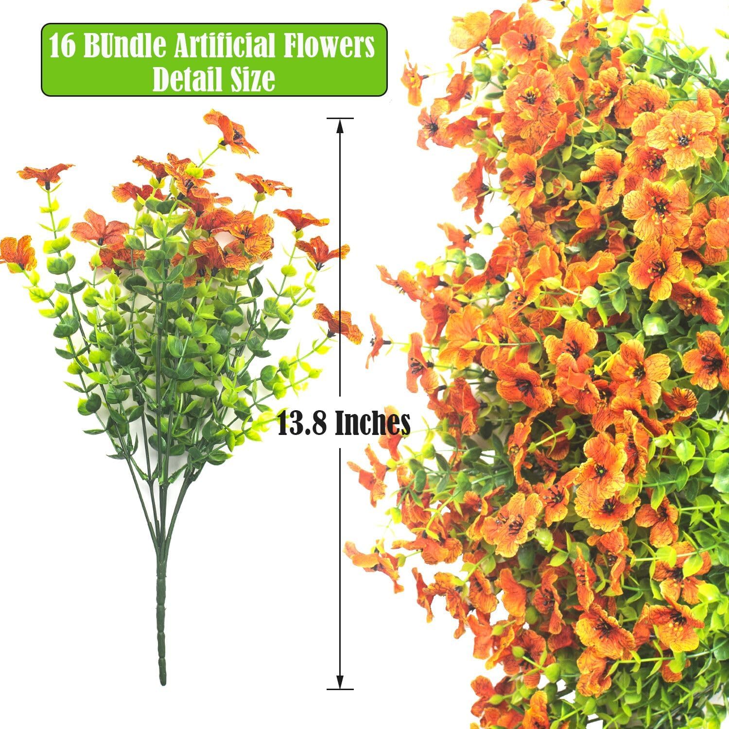 Grunyia Artificial Fake Flowers for Outdoor Spring Decoration, 16 Bundles Faux Silk Colorful Daisy UV Resistant Realistic for Outside Porch Patio Home Yard Garden Planters Pots Window Box (Orange) image 2
