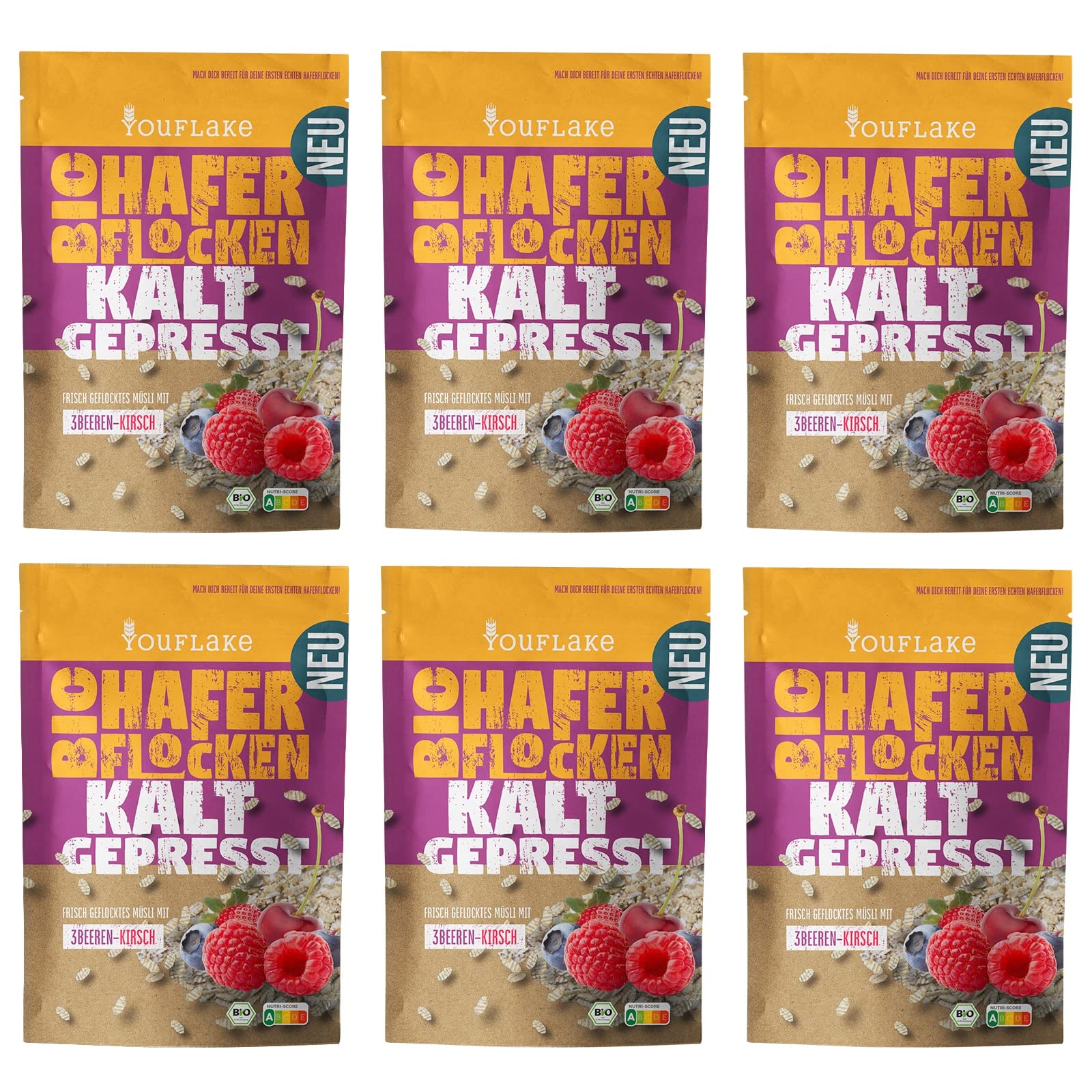 YouFlake Kaltgepresste Bio Haferflocken 3Beeren-Kirsch | 6 x 320 g | Müslimischung mit Haferflocken, Früchten und Beeren