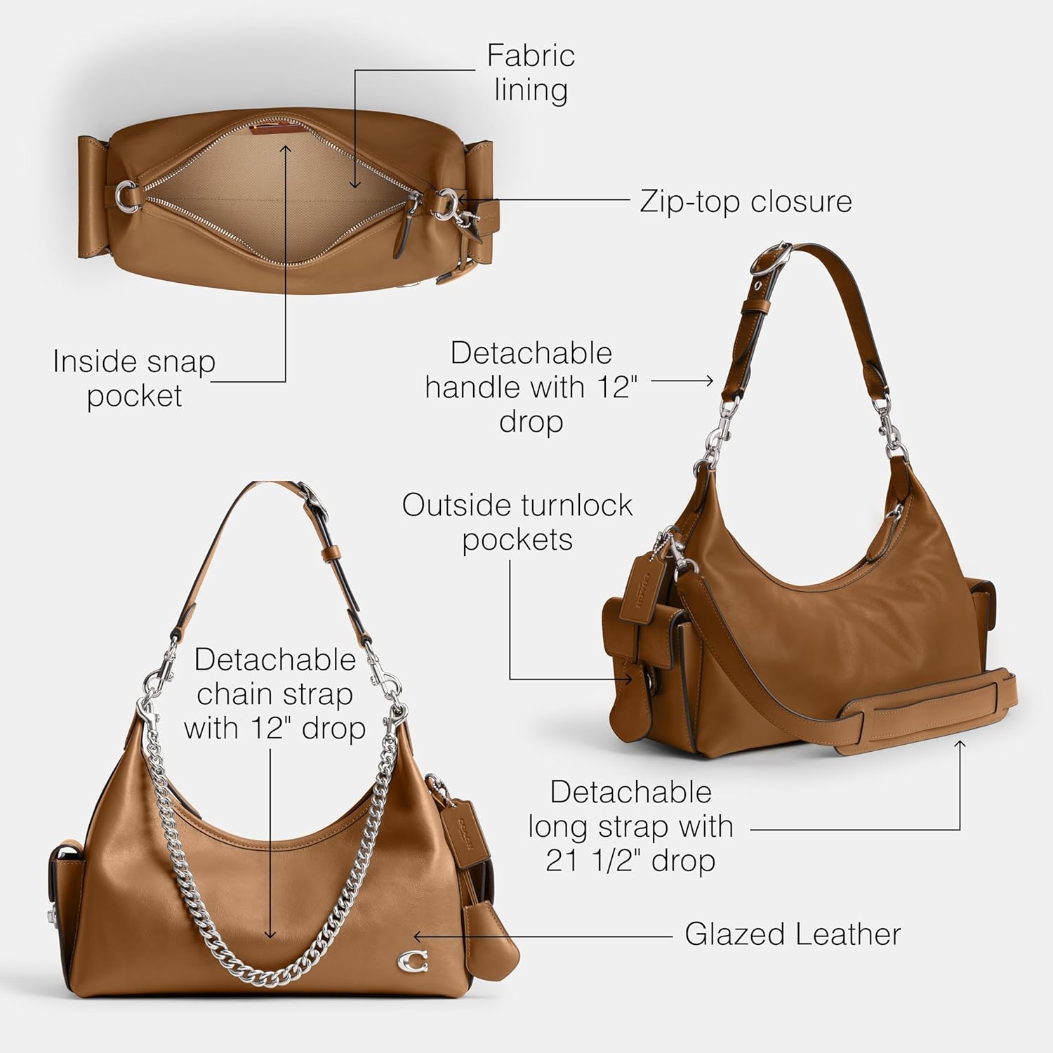 COACH Pocket Glazed Juliet Bag 30, LH/Honey Brown - Image 4
