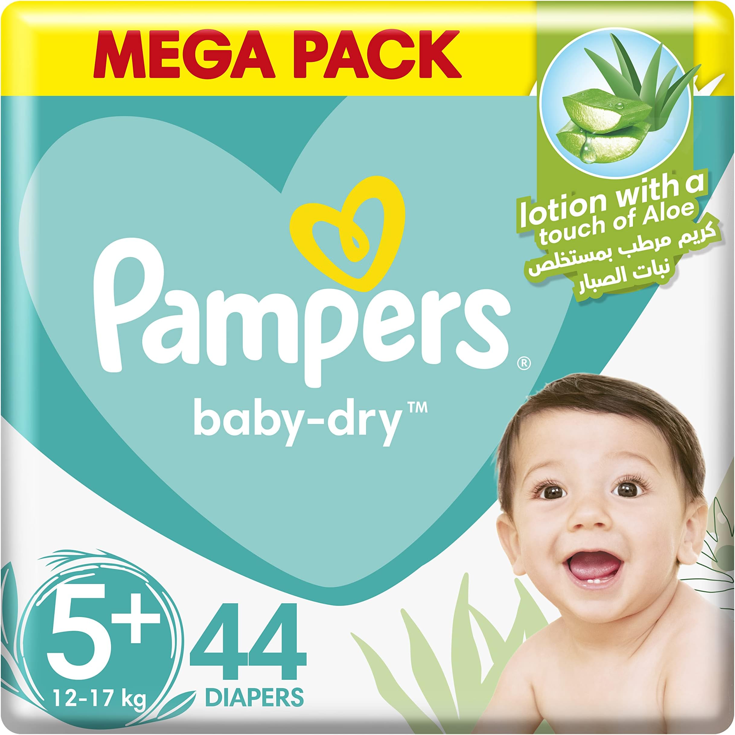PampersBaby-Dry Diapers with Aloe Vera Lotion and Leakage Protection, Size 5+, 12-17 kg, 44 Diapers