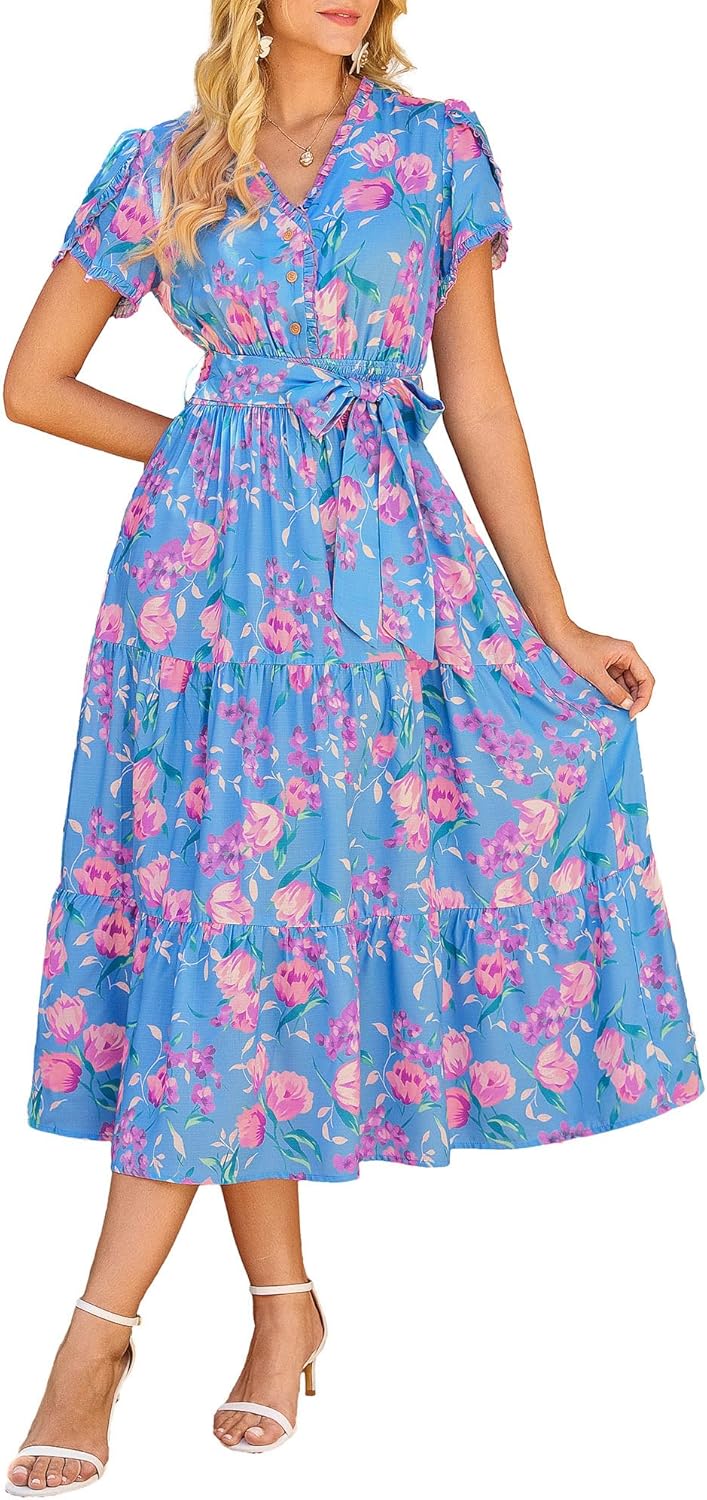 GRACE KARIN Women's 2026 Summer Boho Midi Dress,Floral Ruffle Sleeves V Neck Belted Dresses,Flowy Vacation Beach Dresses