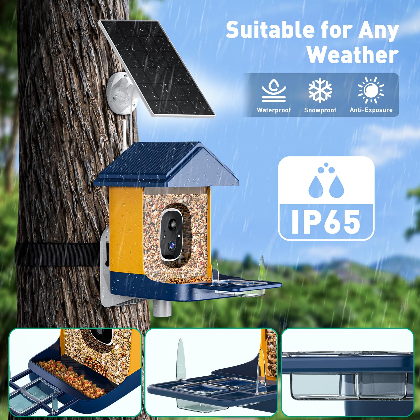 Comedero para pájaros con cámara con identificación IA, panel solar para pájaros de más de 10000 especies, casa inteligente para pájaros con cámara, vista en vivo 2K, alertas de llegada instantánea