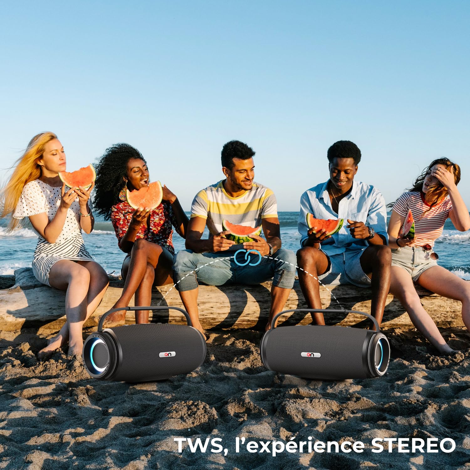 on ON09 – Enceinte Bluetooth Portable Puissante – Basses Profondes – Enceinte Nomade Intérieur Extérieur – USB, Carte SD, AUX – Power Bank – TWS – Lumières RGB – IPX5 – Poignée Cordage Marin