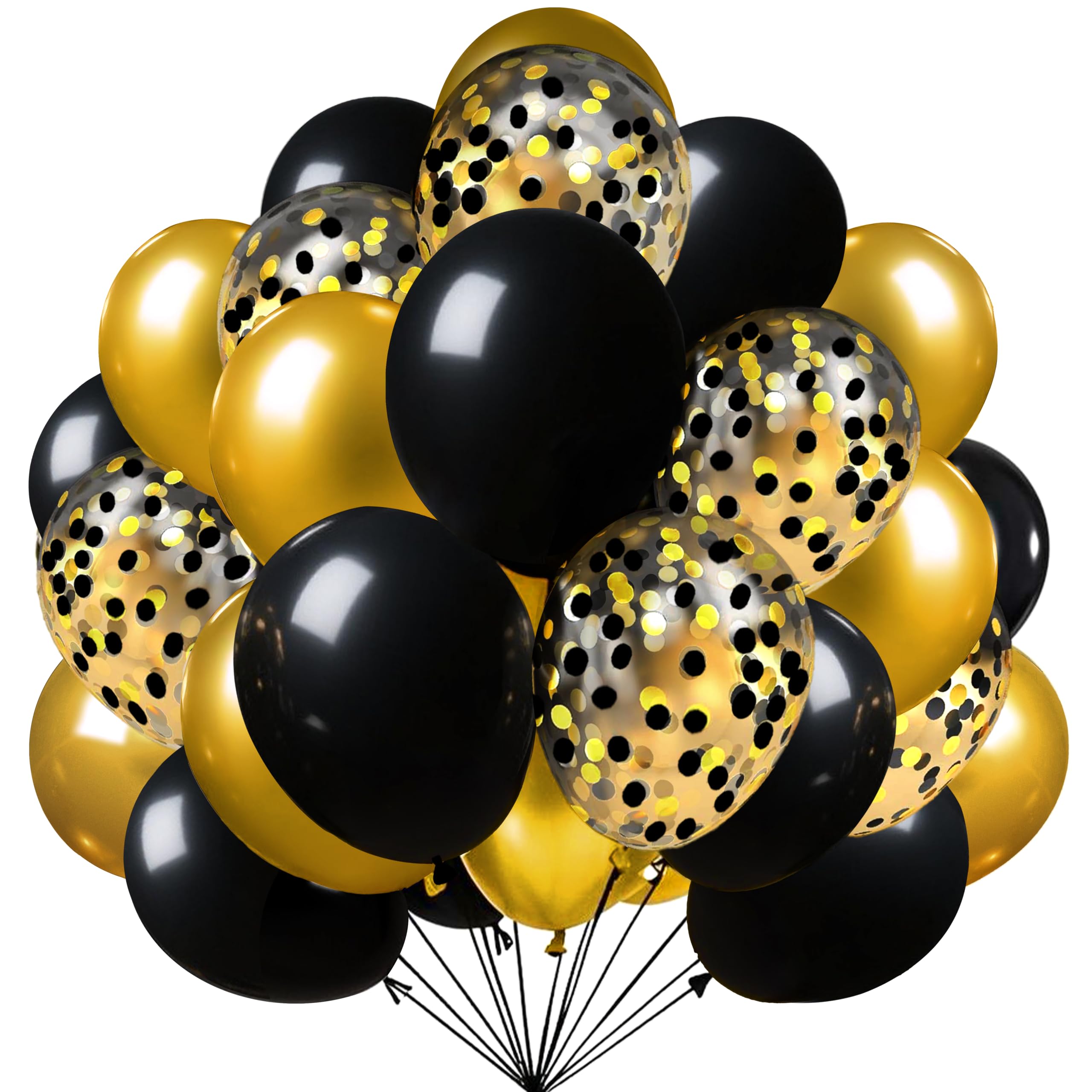 Firomi Metallic Chrome Gold Black Balloons 12 Inch 70 pack (with 2 Ribbons)