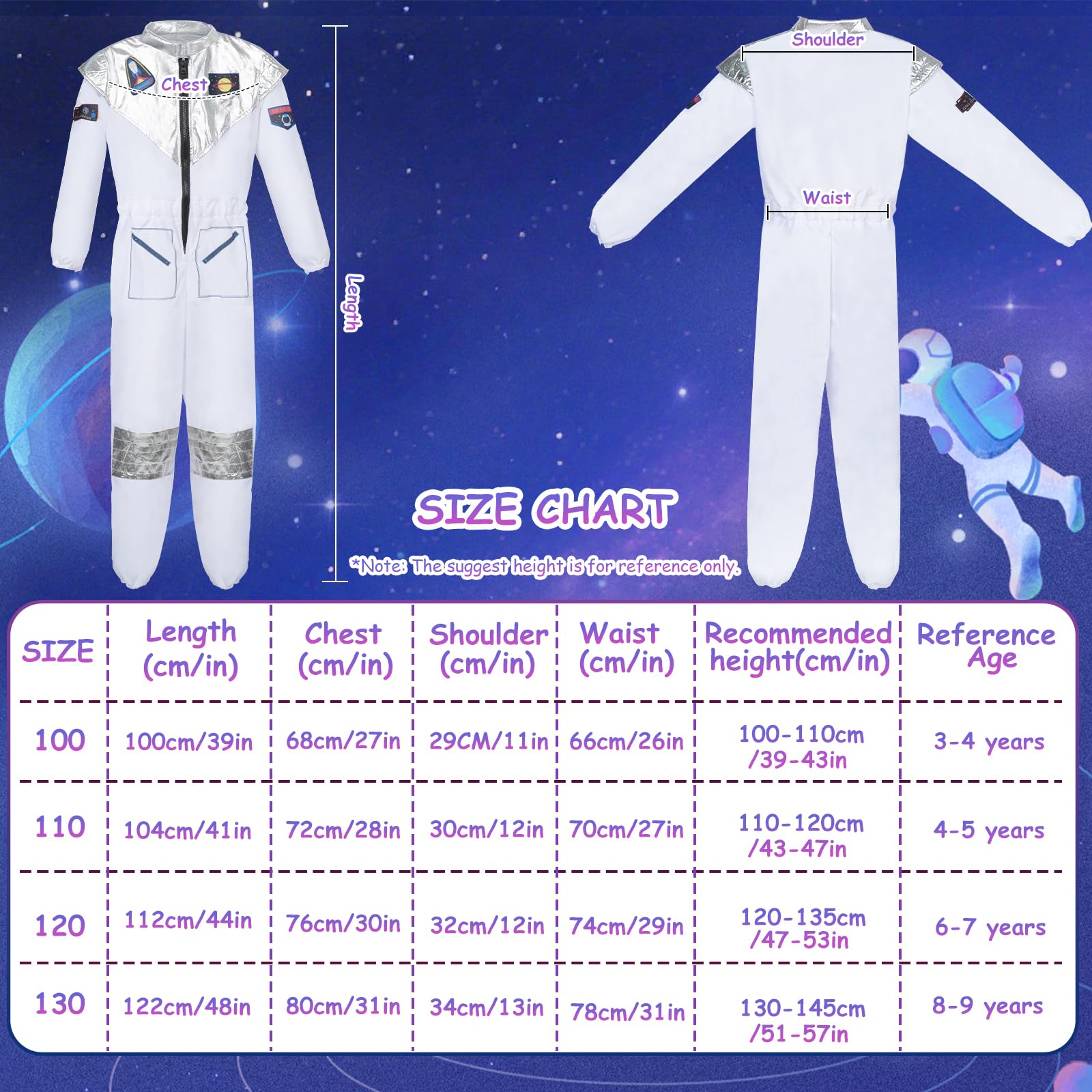 BSBUY Kids Astronaut Costume Unisex Astronaut Costume Cosplay Toys Space Adventure Outfit with Astronaut Helmet Spaceman Jumpsuit Fancy Dress for Girls or Boys World Book Day Christmas Gift(110) - Image 2