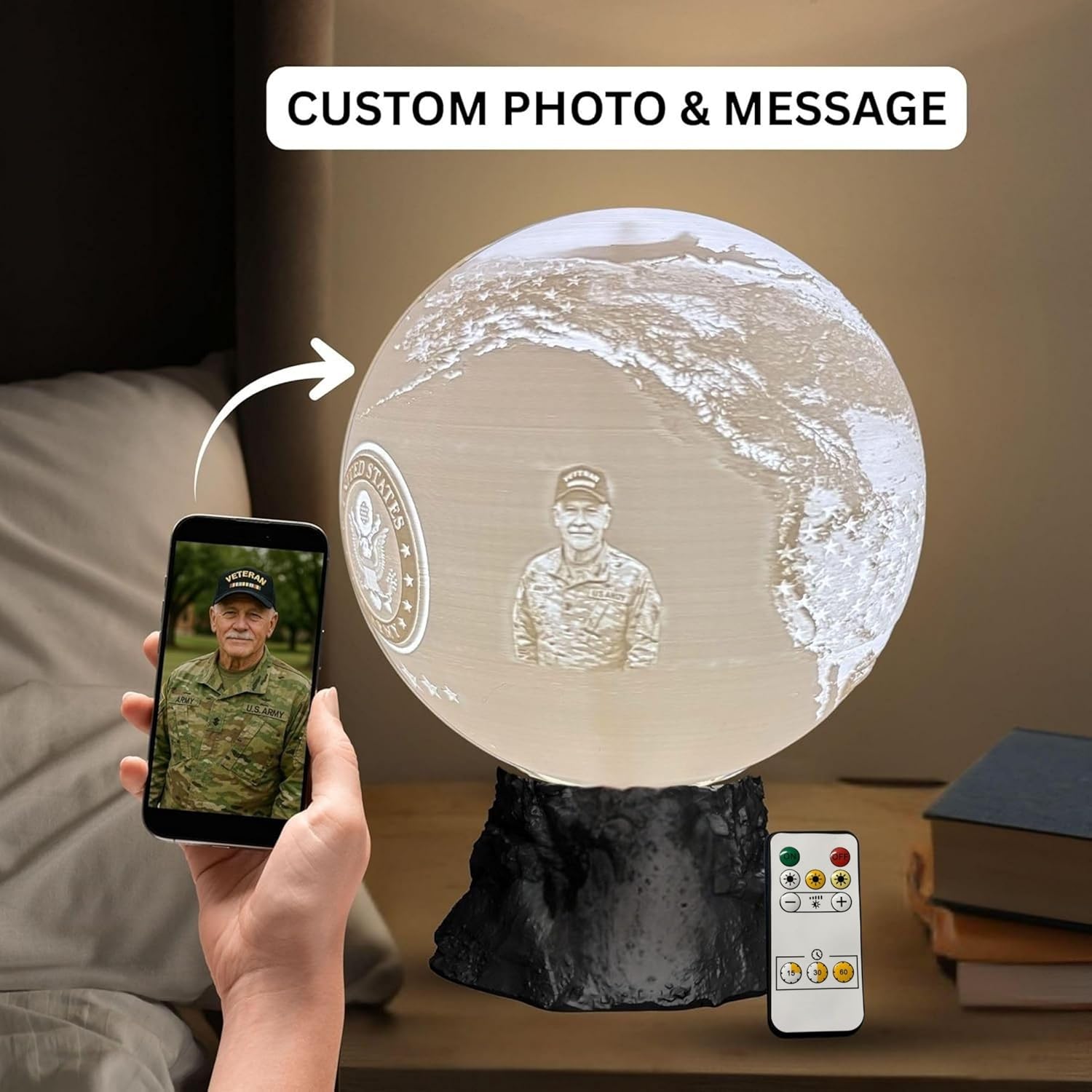 Personalized US Army Moon Lamp with Custom Text & Photo – Military Night Light for Soldiers, Veterans, Deployment Homecoming & Army Families | Army Decor, Military Retirement Gift