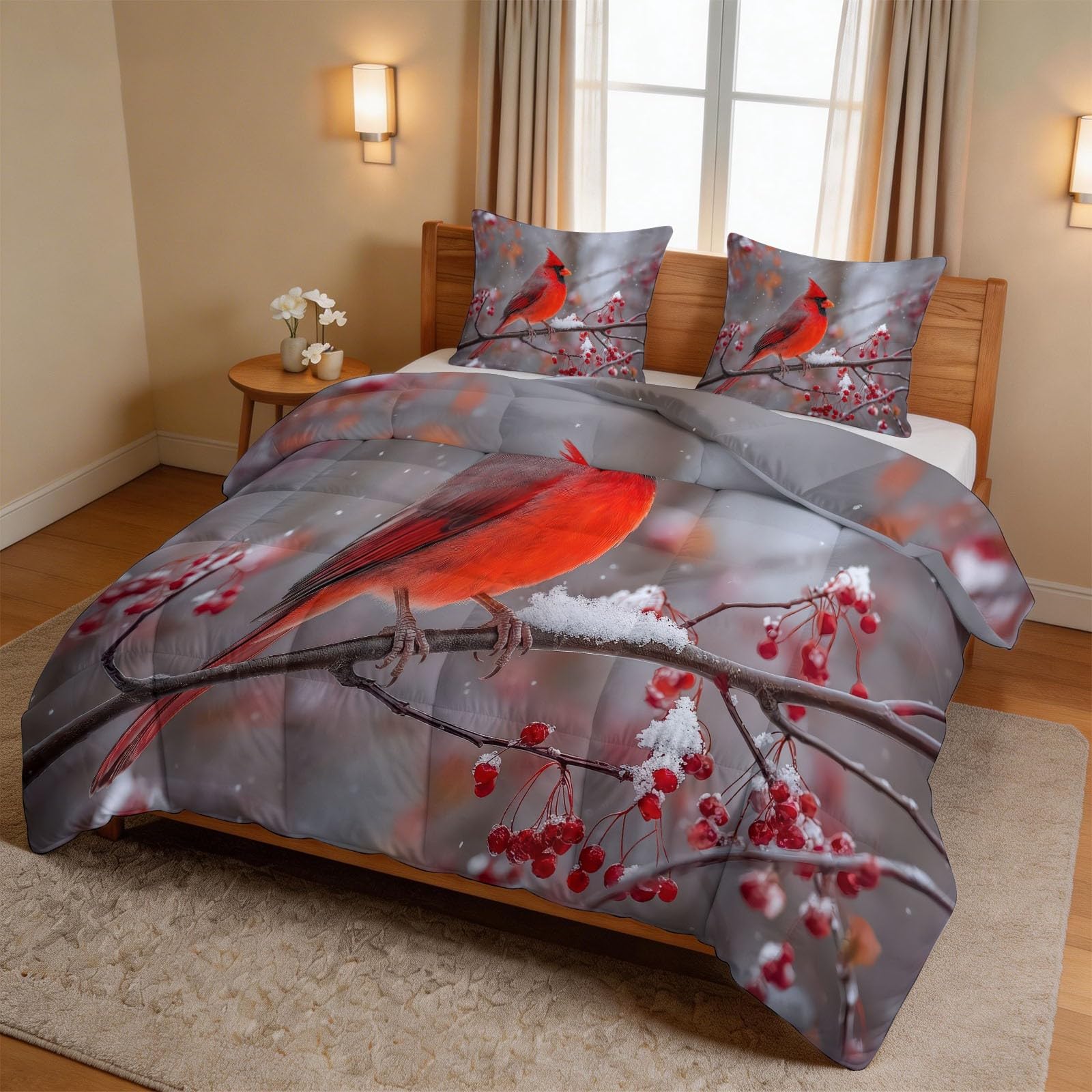 Kołdra bez poszewki 155 x 220 cm – ptaki z gałęziami, kołdra pikowana dla alergików, ciepła i miękka, całoroczna kołdra z 2 poszewkami na poduszki – nadaje się do prania, dla dziewcząt i dorosłych