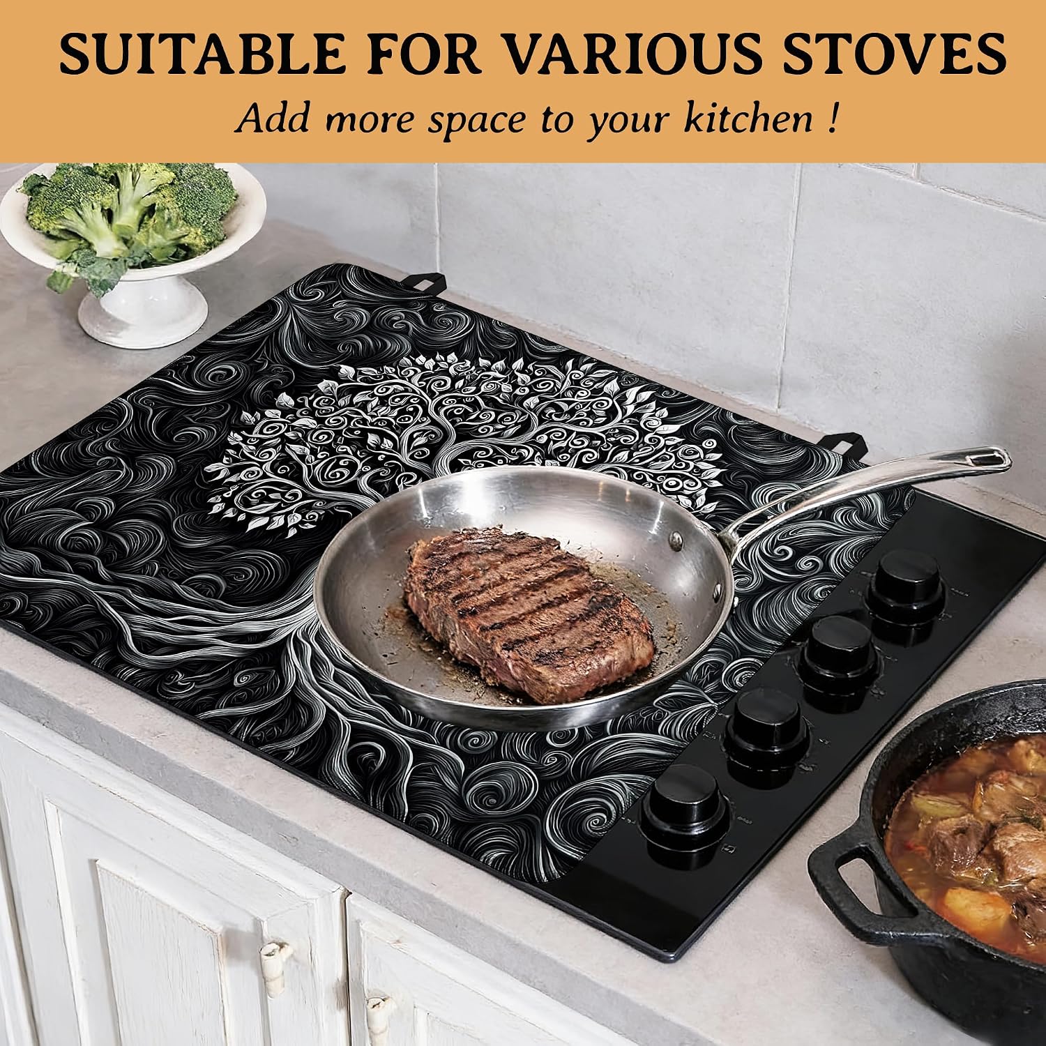 Silver Tree of Life Multi-Design Stove Top Covers for Electric Stove, Heat-Resistant Protector Mat, Non-Slip Drying Rack 28"x20" Stove Burner Covers