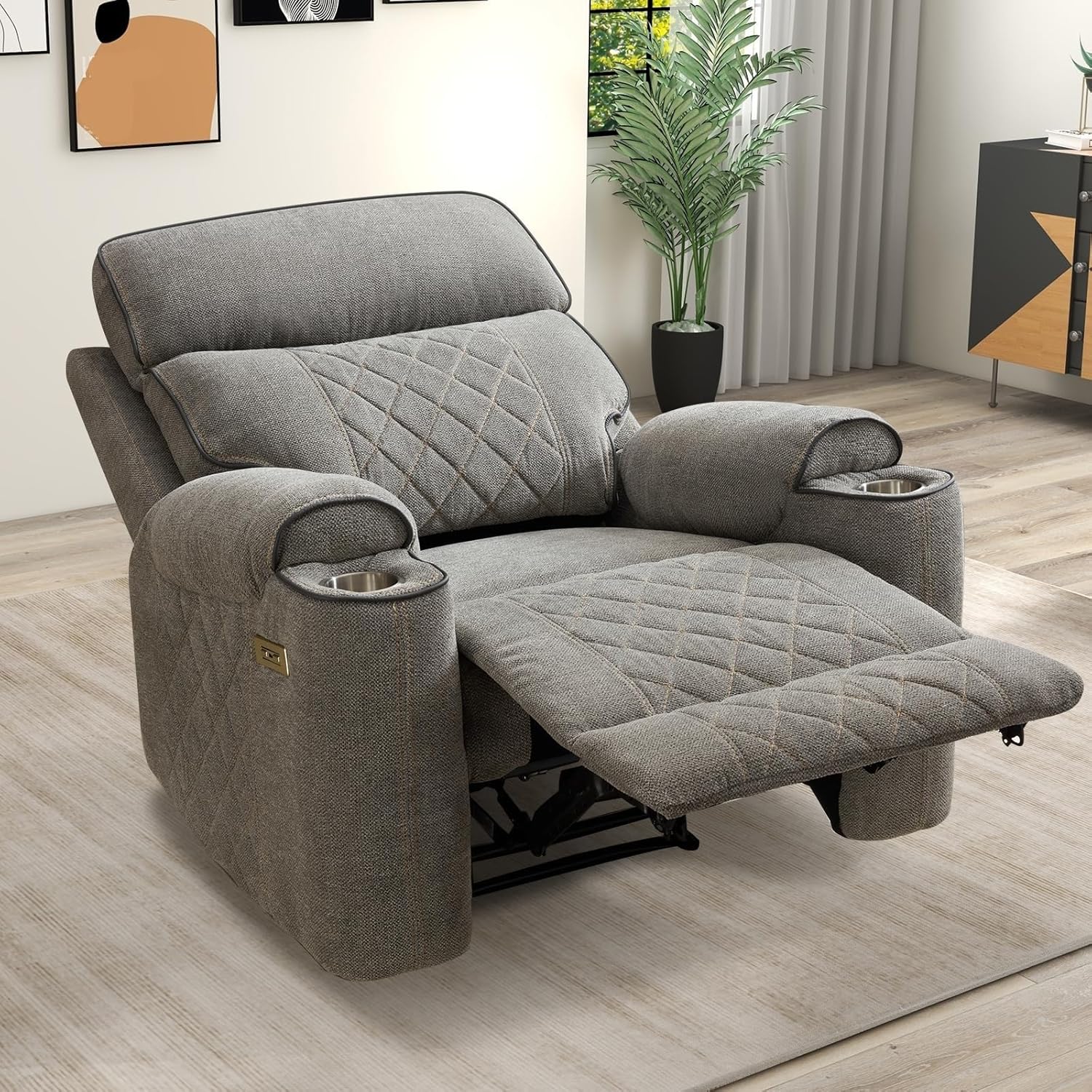 Light Grey Soft Fabric Power Recliner Chair with Metal Cup Holders Overstuffed Heavy Duty Reclining Sofa for Living Room Bedroom Single