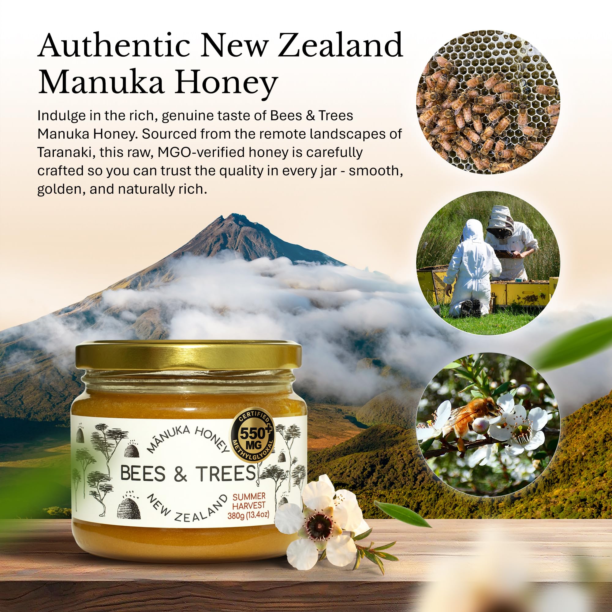 Bees & Trees 550+ MG 100% Raw New Zealand Manuka Honey, 380gm
