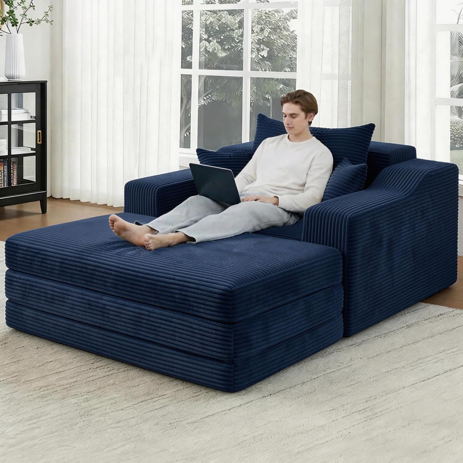 HBUATWAY 63.5" Oversized Chaise Lounge Chair Indoor, Convertible Boneless Sofa Bed with Ottoman, Comfy Cloud Couch with 3 Pillows, Corduroy Deep Seat Sleeper Chair for Living Room, No Assembly, Blue | Modular Detachable