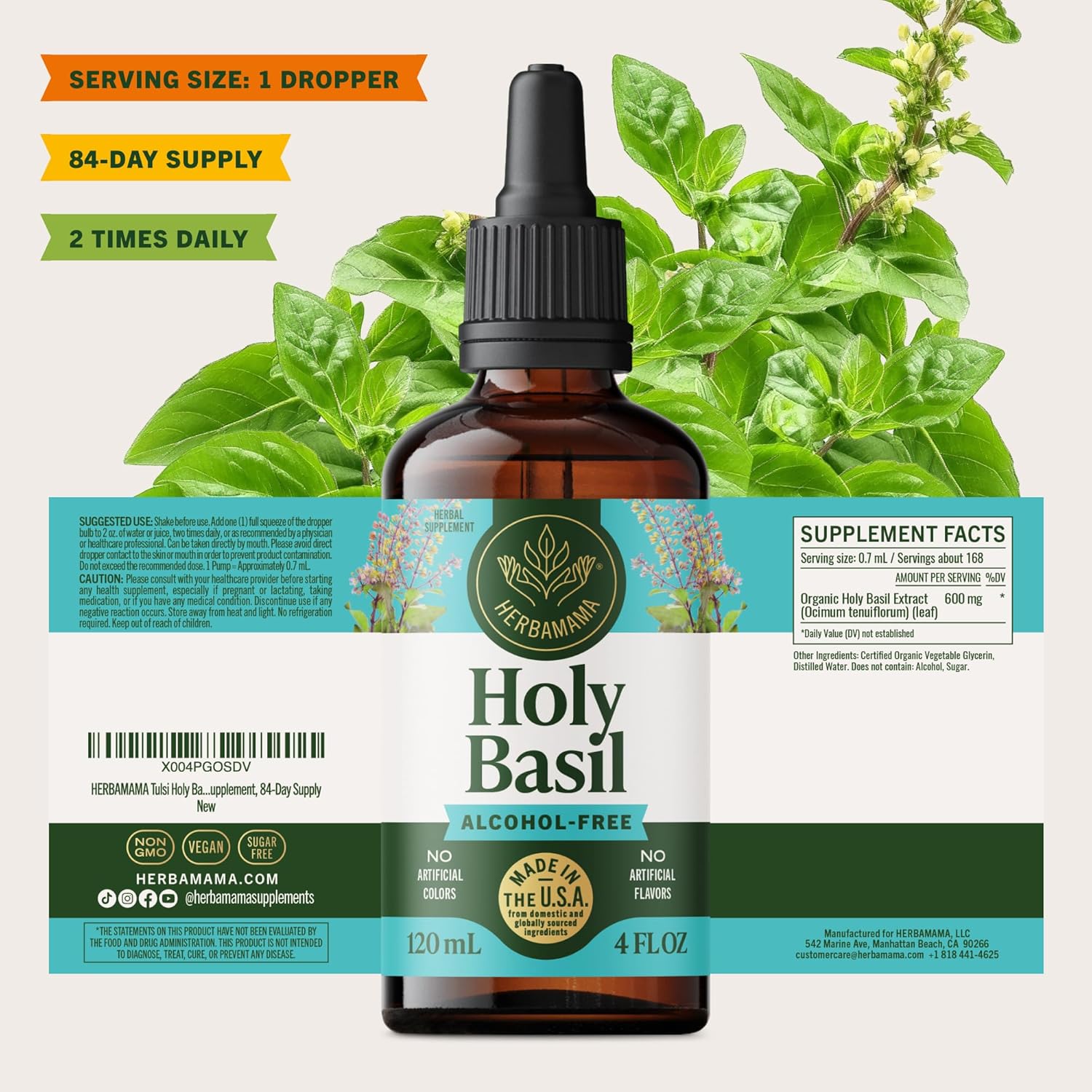 HERBAMAMA Tulsi Holy Basil Tincture - Vegan Mood & Relaxation Support with Holy Basil Leaf Extract Drops - Non-GMO, Alcohol & Sugar-Free Liquid Supplement, 84-Day Supply - Image 8