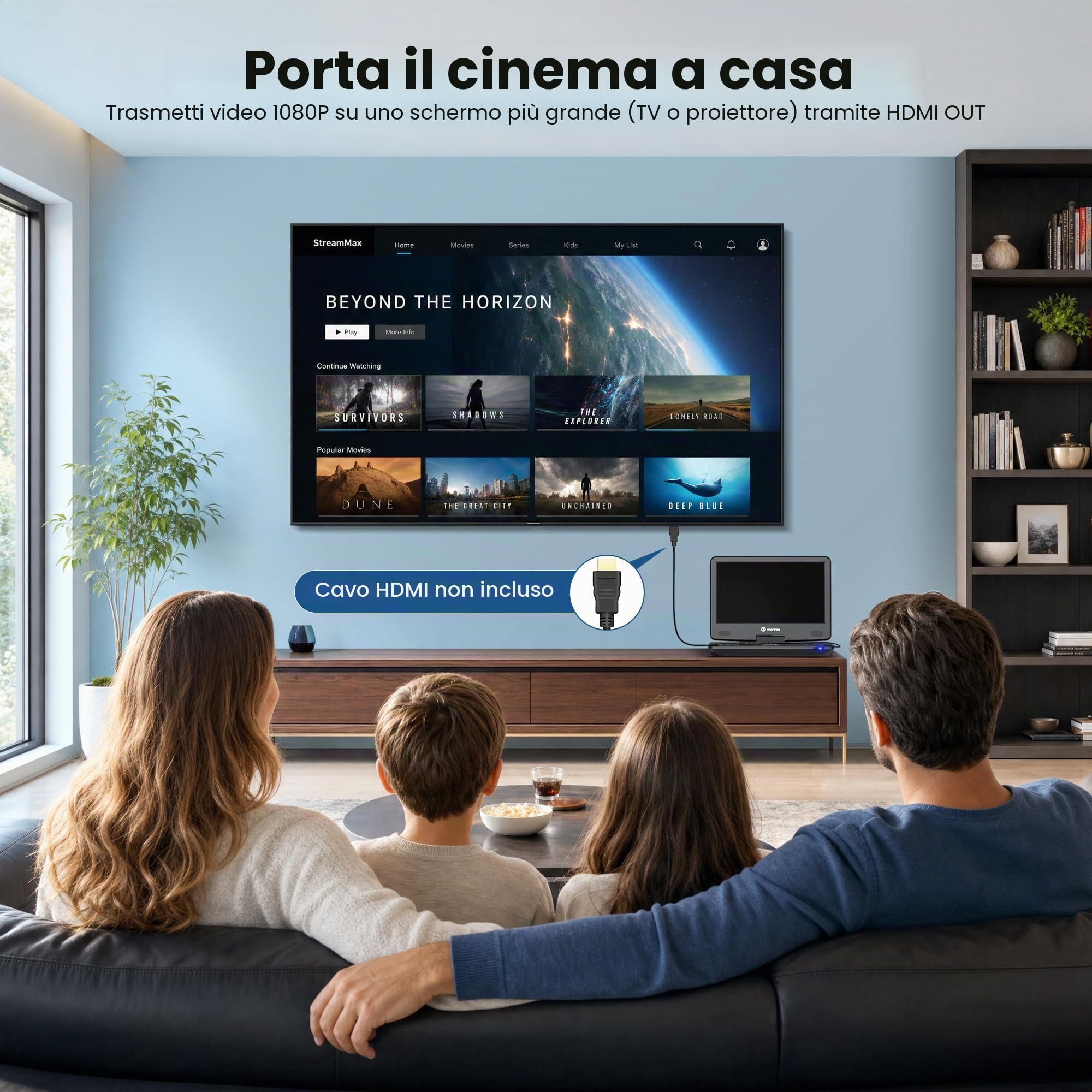WONNIE Lettore Blu Ray portatile da 16,9 pollici con schermo girevole Full HD da 14,1 pollici 1080p, lettore DVD Blu-ray con uscita HDMI e ingresso AV, batteria ricaricabile 4-5 ore, supporto MP4