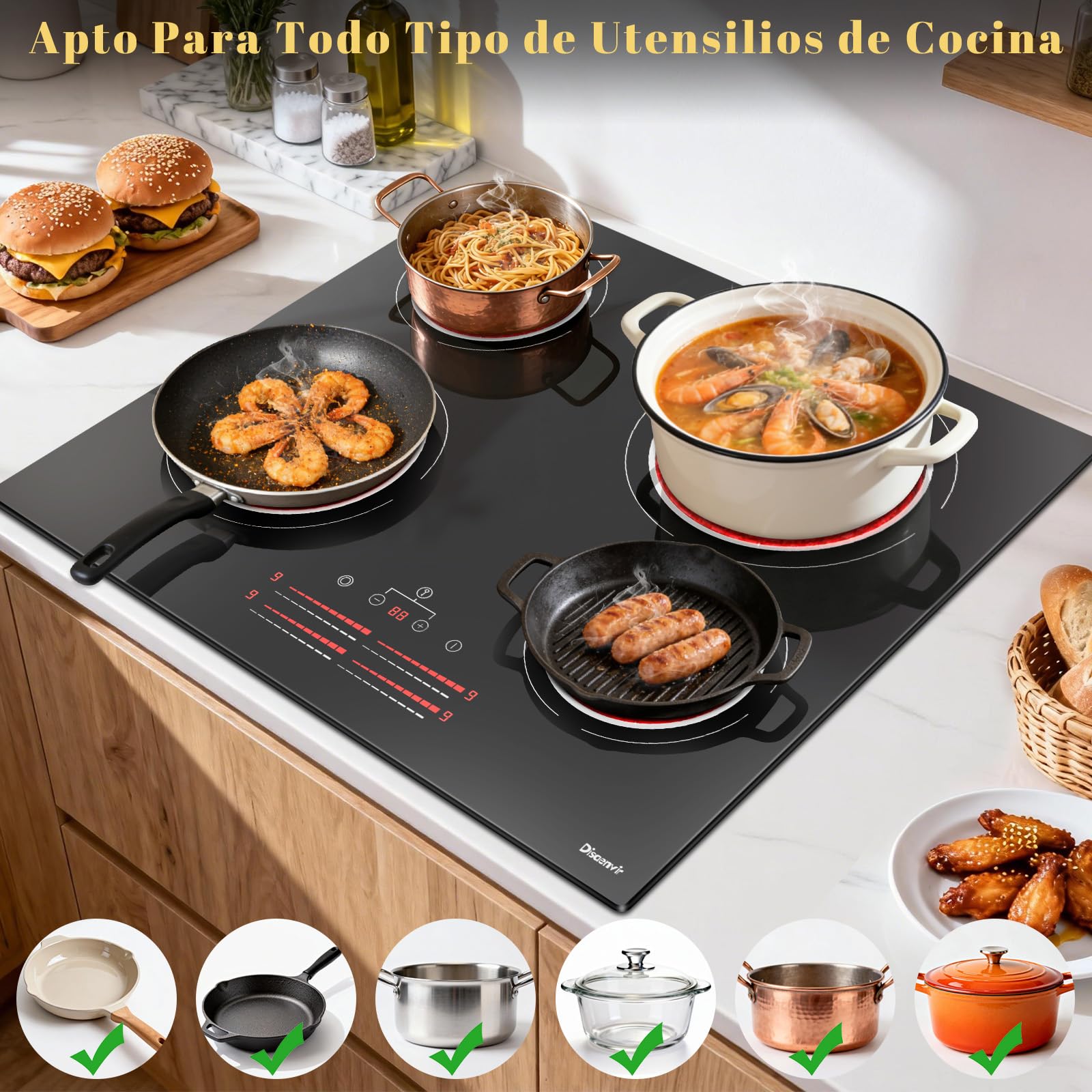 Placa Vitrocerámica 4 Fuegos 6600 W, Placa de Cocción con Zona de Expansión, Placa de Cocina Empotrable 60 cm, 9 Niveles de Potencia, Temporizador, Bloqueo para Niños, 220-240 V