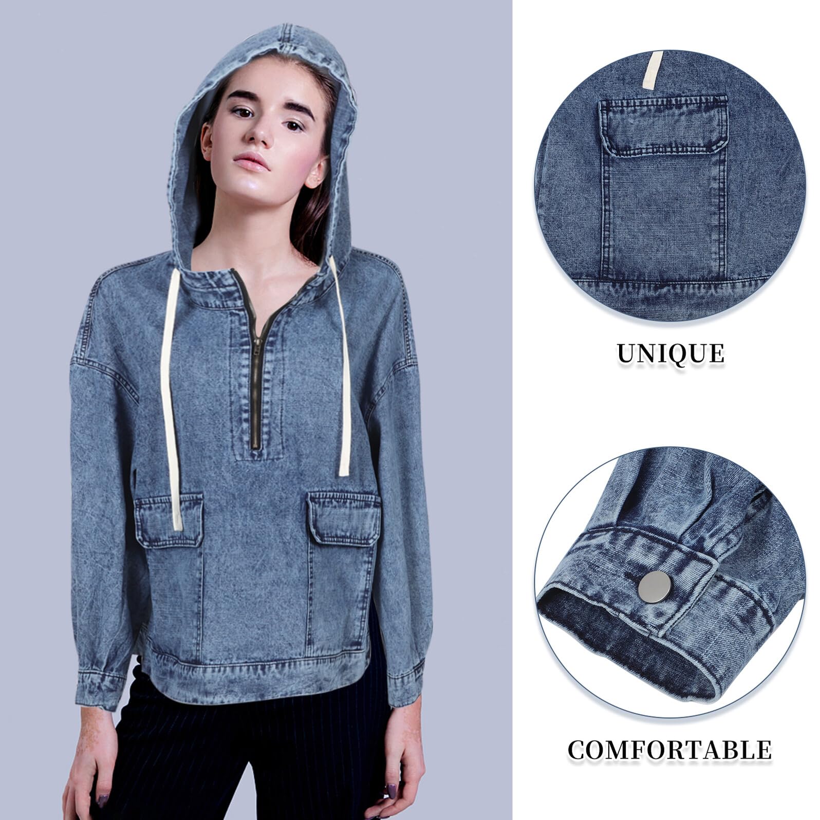 Healvian Chaqueta Vaquera Oversize con Capucha Estilo Vintage para Mujer Manga Larga Casual Urbano con Bolsillos