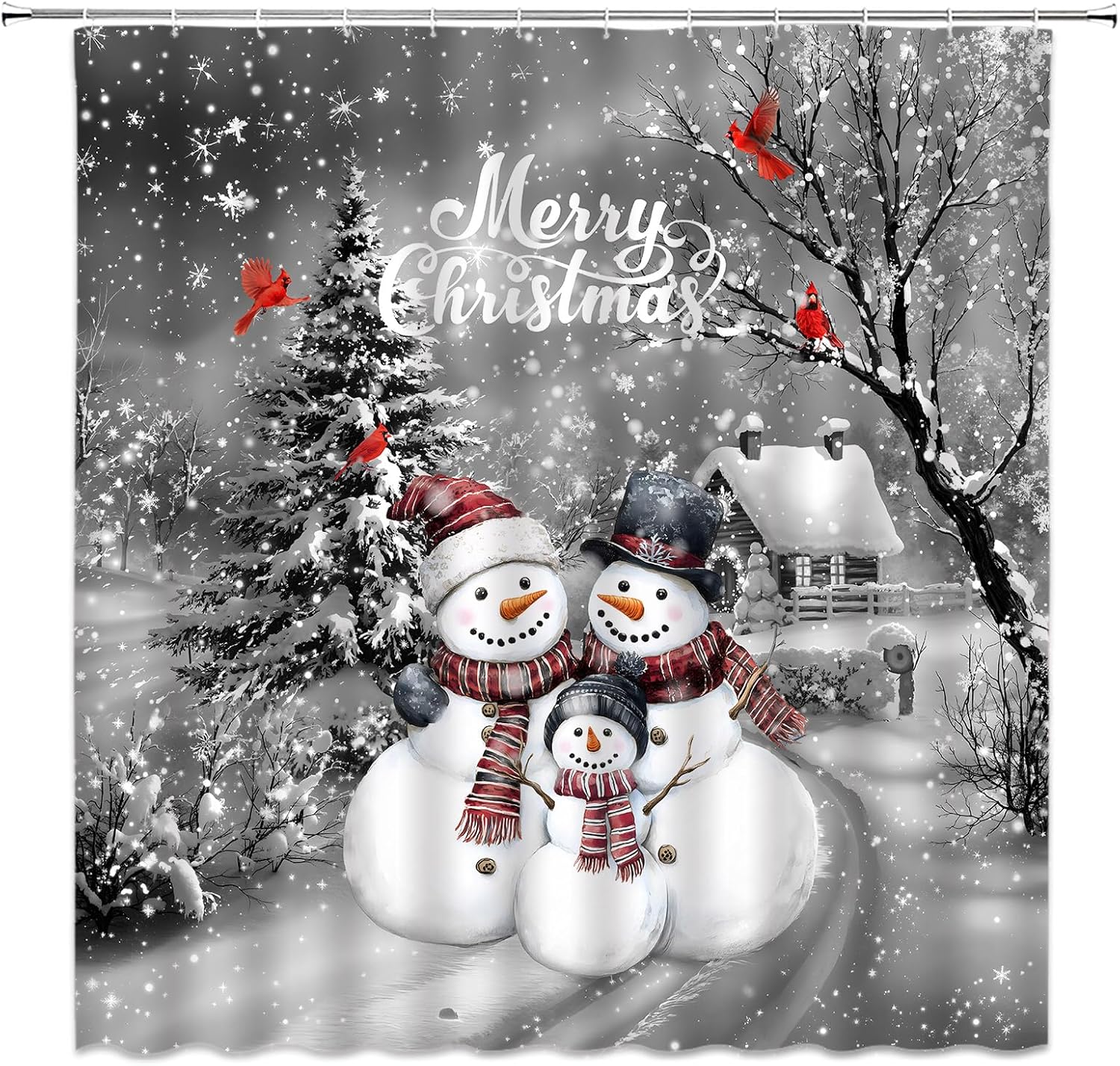 Christmas Snowman Shower Curtain Red Bird Rustic Winter Snow Tree Cute Country Vintage Fabric for Bathroom Decor Bathtub with Hooks (70" WX84 H)