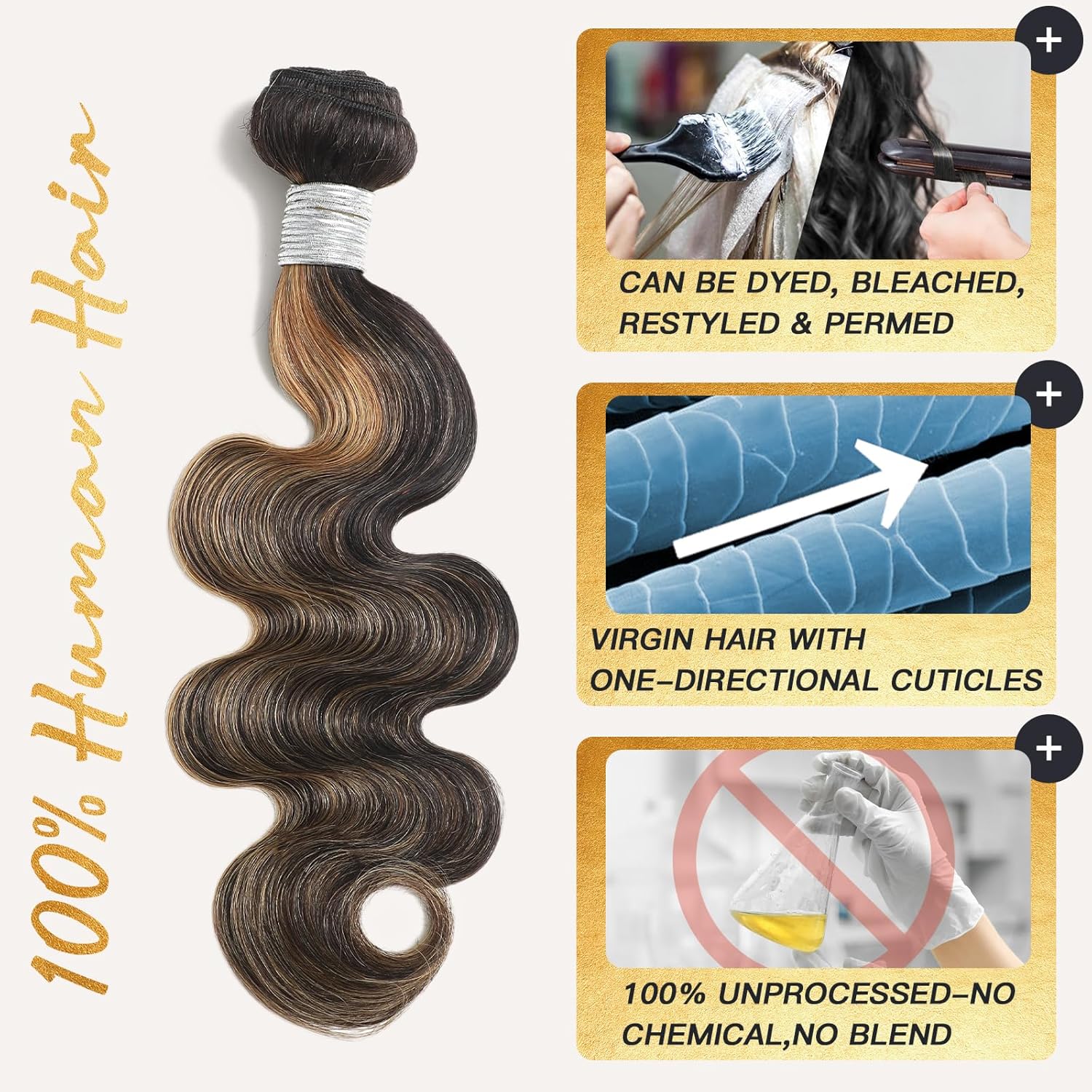 Honey Blonde Highlights 3 Bundles with 2x6 HD Lace Closure Human Hair, Body Wave Black Balayage Ombre F1b/27 Color Sew In 12A Brazilian Virgin Hair Tracks with 2by6 Deep Part Closure 10 12 14+10 Inch