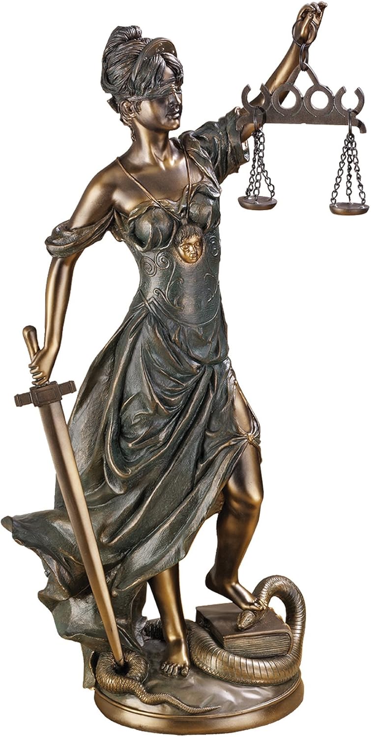Design Toscano QL149321 Themis Patroness of Law & Justice Blindfolded Woman Statue Figurine, Large Size, 11 inches wide, 22 inches tall, Handcast Polyresin, Bronze Finish