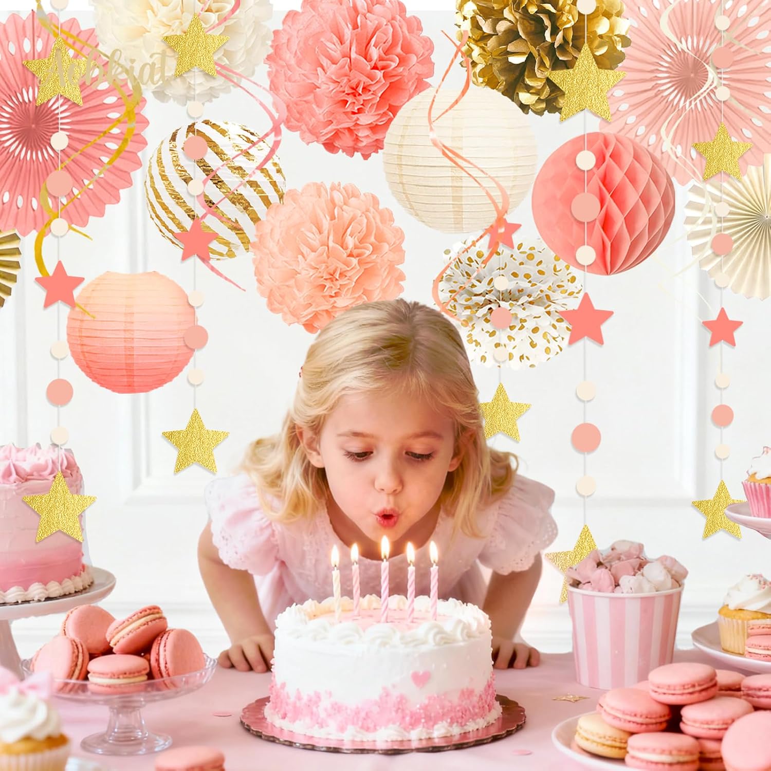 AOBKIAT Pink Gold Party Decorations Kit,19PCS with Paper Pom Pom Flowers,Lanterns,Fans,Star Garlands,Swirls for Girls Women Birthday,Wedding,Bachelorette,Bridal Shower,Baby Shower,Princess Party