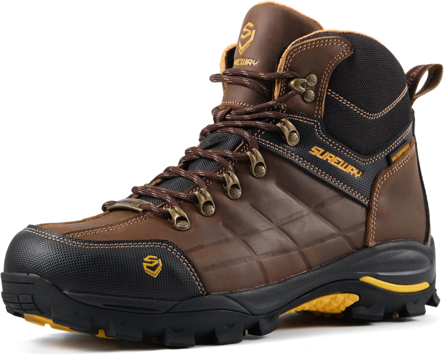 SUREWAY Men's 6" Soft/Steel Toe Lightweight Waterproof Work Boot - Leather,Lace Up,Oil/Slip Resistant Dual-Density Comfortable EH Construction Industrial Ankle Safety Men Work Boots,Roofing, Hunting