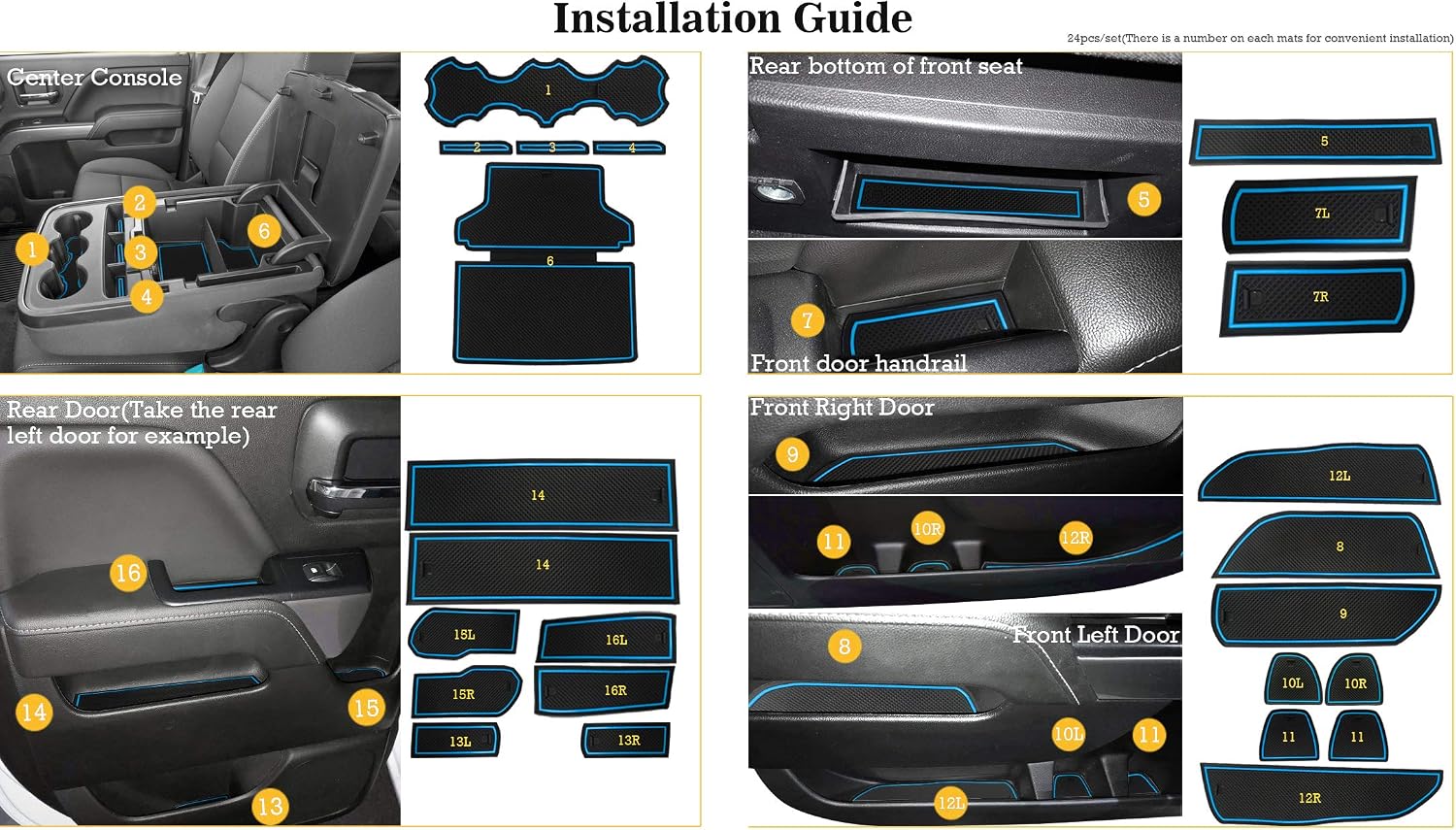 auovo 24PCS Protector Mats for Chevy Silverado 1500 LT Accessories 2014-2018 Car Cup Holder Inserts,Center Console Liner,Door Pocket Liner Mat Interior(Bench Seats Double Cab,Blue Trim)