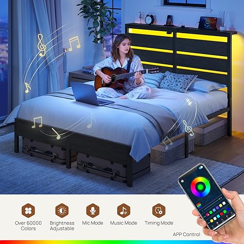 Miniatura 3 de Rolanstar Base de cama Queen con luces LED y estación de carga, cabecera de almacenamiento de madera y almacenamiento debajo de la cama, plataforma