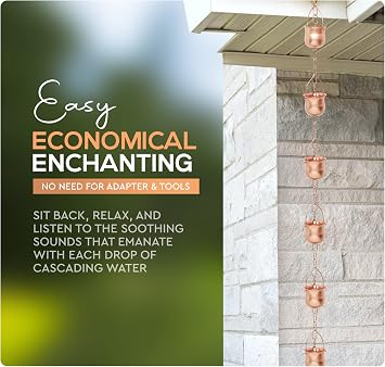 Copper Rain Chain – Decorative Chimes & Cups Replace Gutter Downspout & Divert Water Away from Home for Stunning Fountain Display – for Universal Fit
