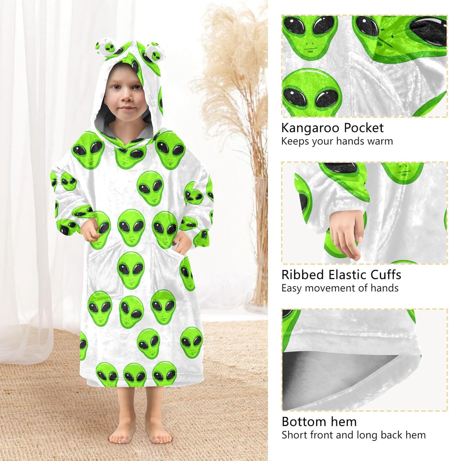 Cute Alien Ufo Kids Wearable Blanket Hoodie with Pocket and Sleeves for Toddlers, Cute Hoodies Girls Boys B0404026