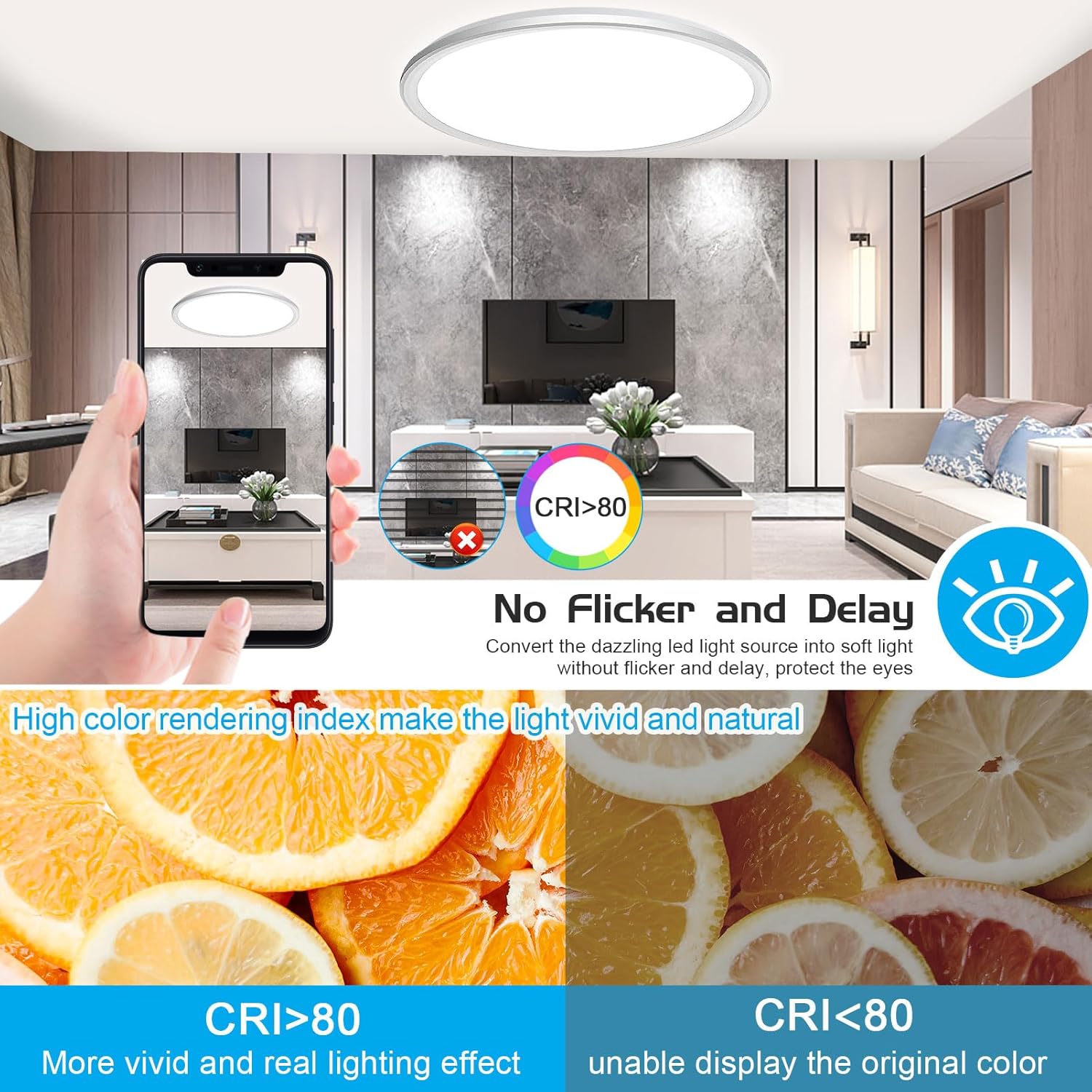 15.4 Inch Flush Mount Ceiling Light, Dimmable Brightness, 32W 2880LM Super Bright and Slim Led Ceiling Light Fixture, 3000K/3500K/4000K/5000K/6500K 5CCT Colors Availablem, No Delay 15.4Inch-Dimmable-1Pack White