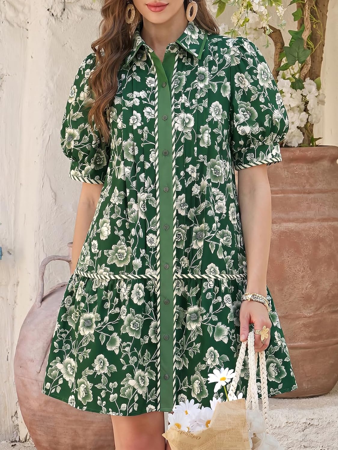 Wenrine Womens Summer Mini Dress Floral Shirt Dresses image 3