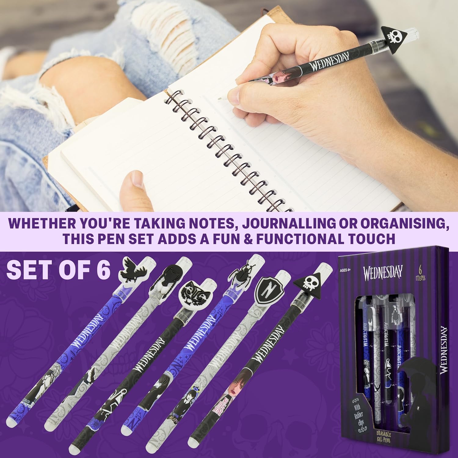 Wednesday Erasable Gel Pens 0.5 mm Tip, 6 Color Set with Built-in Erasers & Decorative Toppers, Smooth Ink Gel Pens for Writing, Gifts for Girls