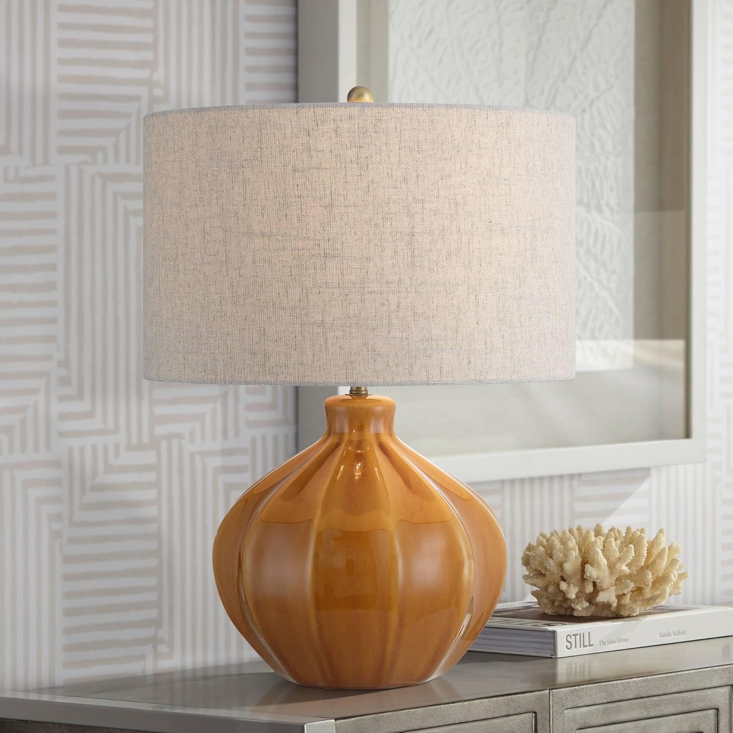 360 Lighting Gordy 21" High Small Mid Century Modern Country Cottage Core Accent 3-Way Table Lamp Spice Brown Finish Ceramic Single Oatmeal Shade Living Room Bedroom Bedside Nightstand House Office