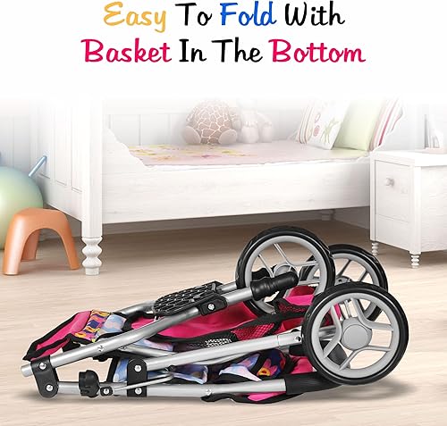 Miniatura 4 de fash n kolor Cochecito de muñeca de bebé de regalo para niños, cochecito de muñeca de juguete con toldo ajustable y cesta de almacenamiento,