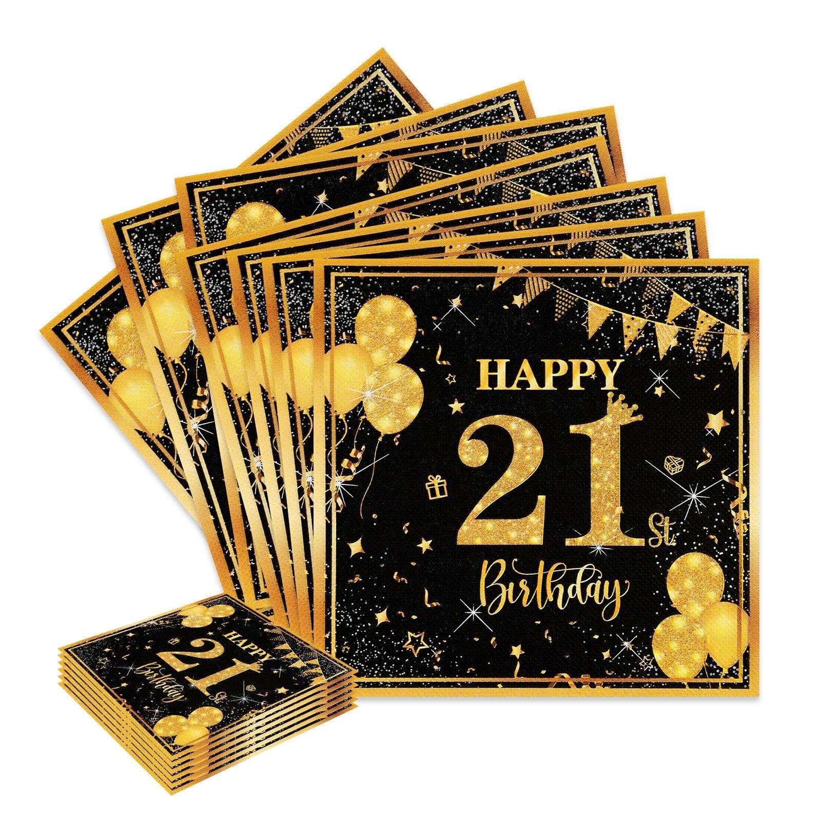 40PCS 21st Birthday Party Napkins, Disposable Black Gold Paper Napkin for Men Women, 33x33cm Decorative Serviettes for 21st Birthday Celebration Decorations
