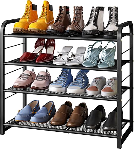 LEGUANG Organizador de almacenamiento apilable de 4 niveles para dormitorio armario entrada pasillo expandible y ajustable malla metálica color negro
