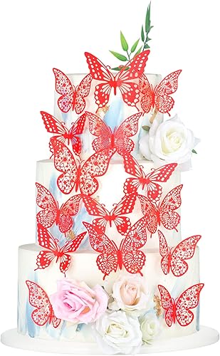 Gyufise Paquete de 36 adornos de mariposa 3D con purpurina roja para cupcakes, decoración hueca para cumpleaños, boda, fiesta de hadas, calcomanías