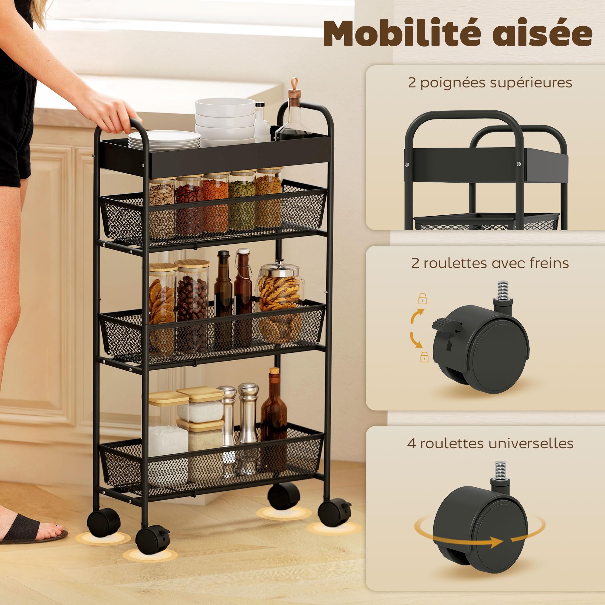 HOMCOM Chariot de rangement à 4 niveaux, 3 paniers coulissants, desserte à roulettes, panier supérieur et poignée, desserte cuisine multifonctionnel pour chambre, salon, bureau, 19 x 43,2 x 80 cm noir