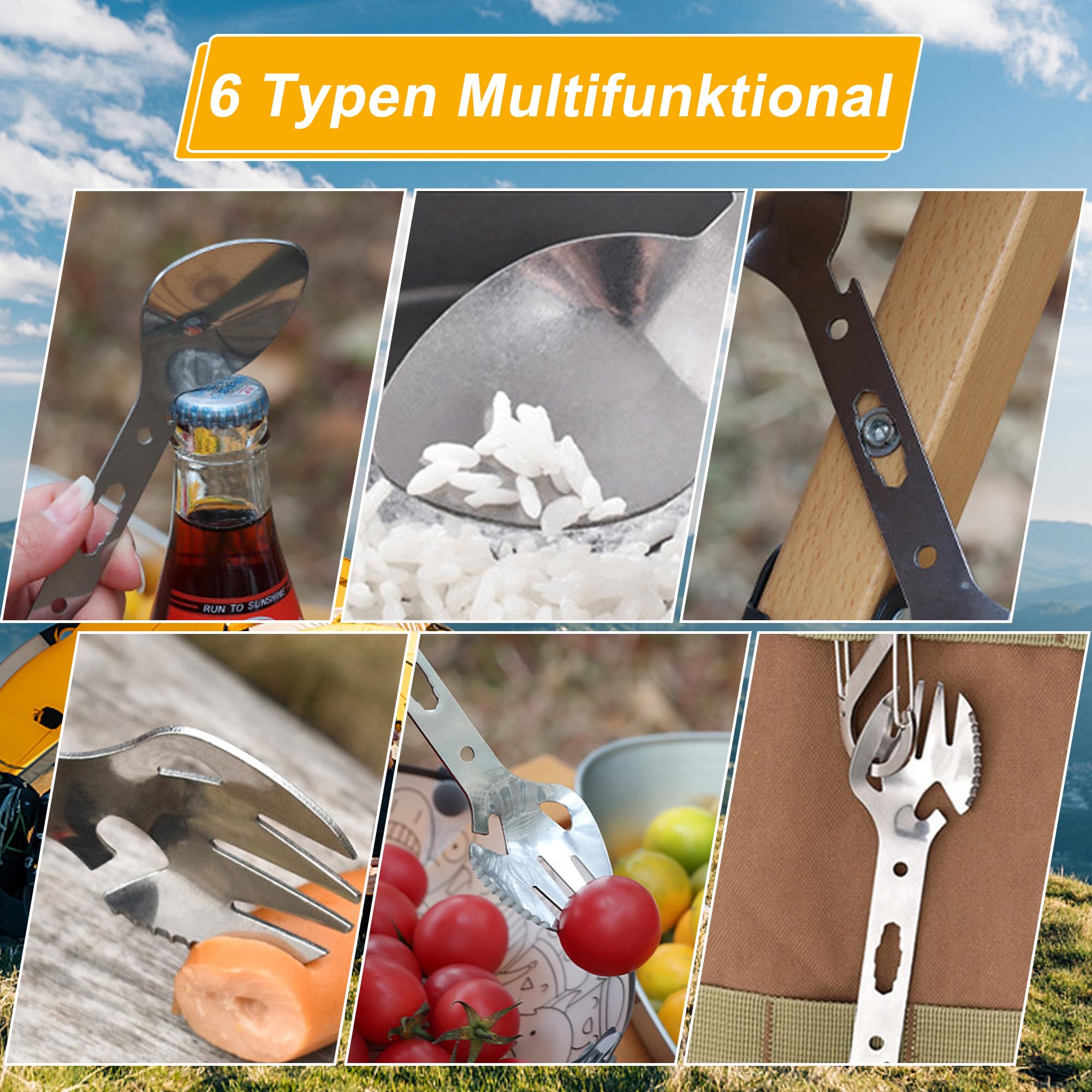 7-in-1 Campingbesteck-Set Aus Edelstahl – 2 Stück Klappbar Mit Gürteltasche, Für Outdoor & Reisen