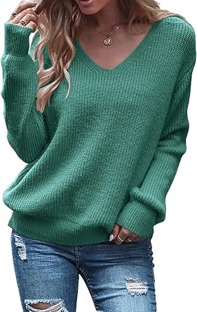 Eurivicy Womens Long Sleeve V Neck Pullover Tops Oversized Chunky Knitted Loose Jumper Sweaters