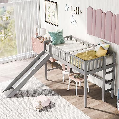 ERDAYE Cama alta baja de tamaño individual con escalera y tobogán marco de cama de madera maciza para muebles de dormitorio de niños y niñas color