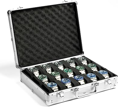 15 Slots Watch Organizer Case, Silver Aluminum Hard Storage Case, Padded Travel Case for Watch Display and Organization