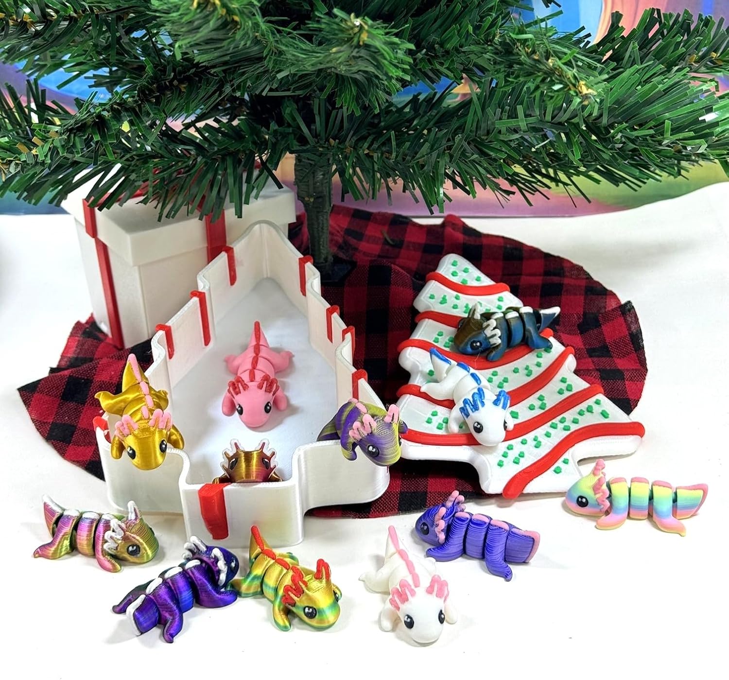 12 pcs 3D Printed Mini Axolotl , Articulated Fidget Mini Axolotl in Christmas Tree Container, Colorful Axolotl Fidget Toys for Autism/ADHD MASET123-CT