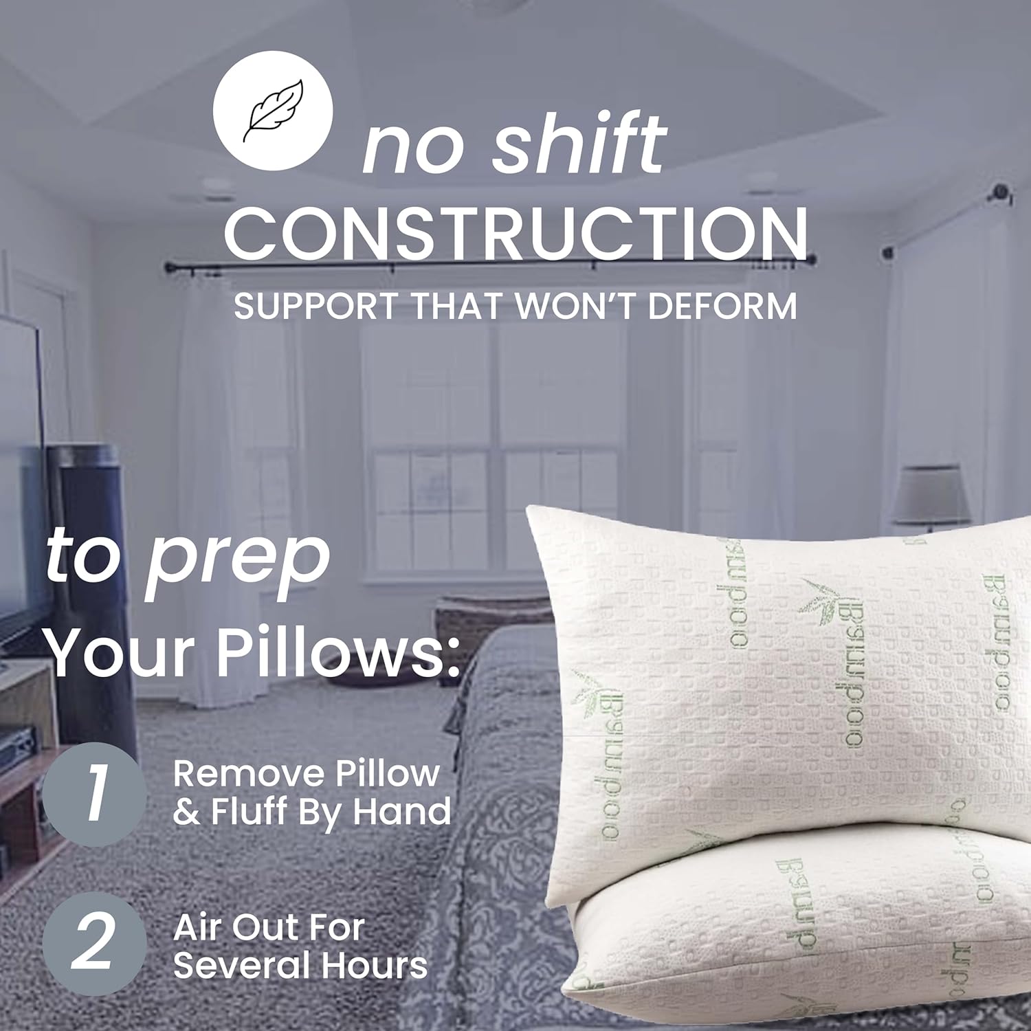 Queen Size Plush Bamboo Microfiber Pillows with Cotton Cover, Set of 2