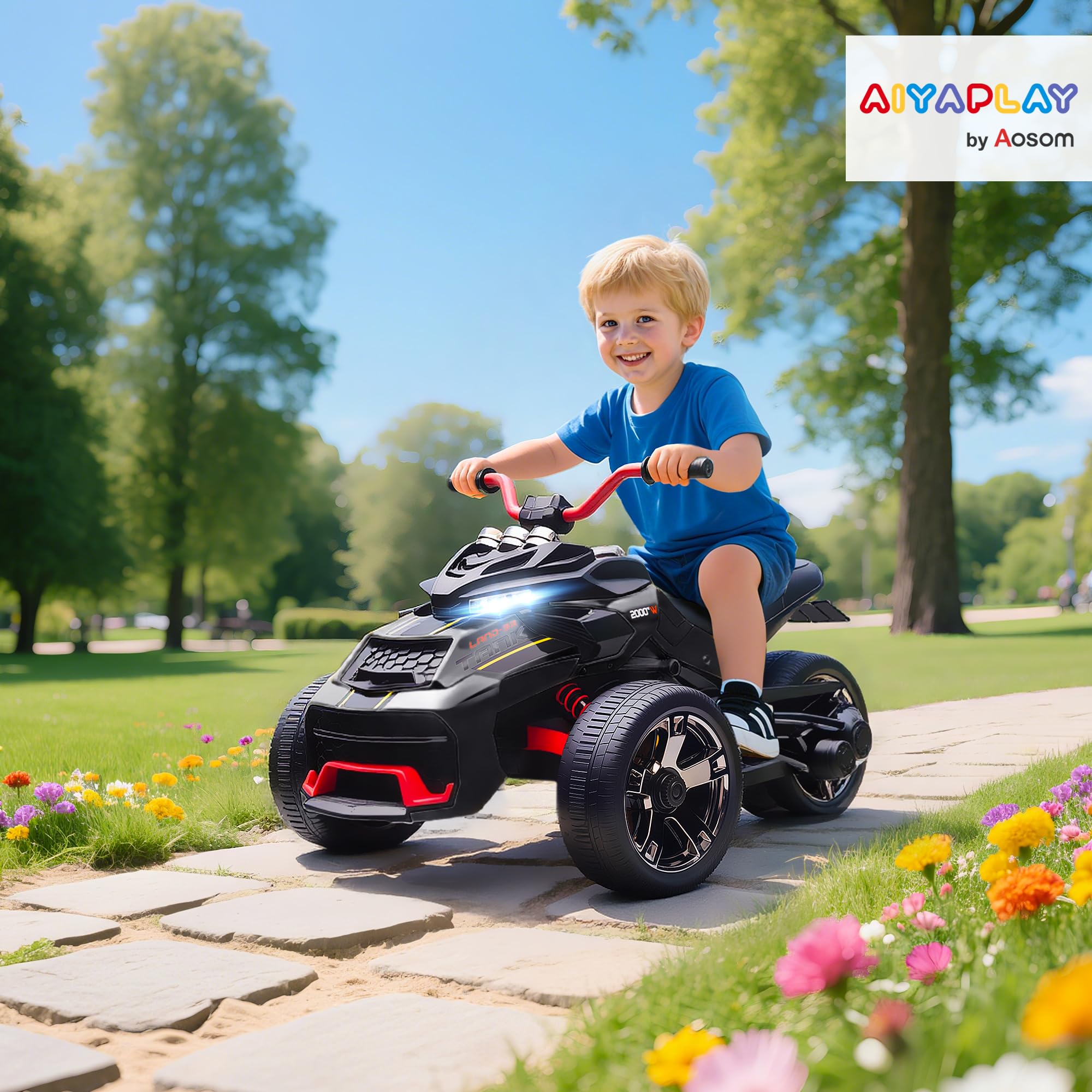 AIYAPLAY Quad électrique Enfants 12V, Design Tricycle inversé, Voiture électrique Enfants 2 Moteurs, Lecteur MP3, klaxon, 2 Vitesses, phares LED, Cadeau pour garçons et Filles âgés de 3 à 8 Ans, Noir